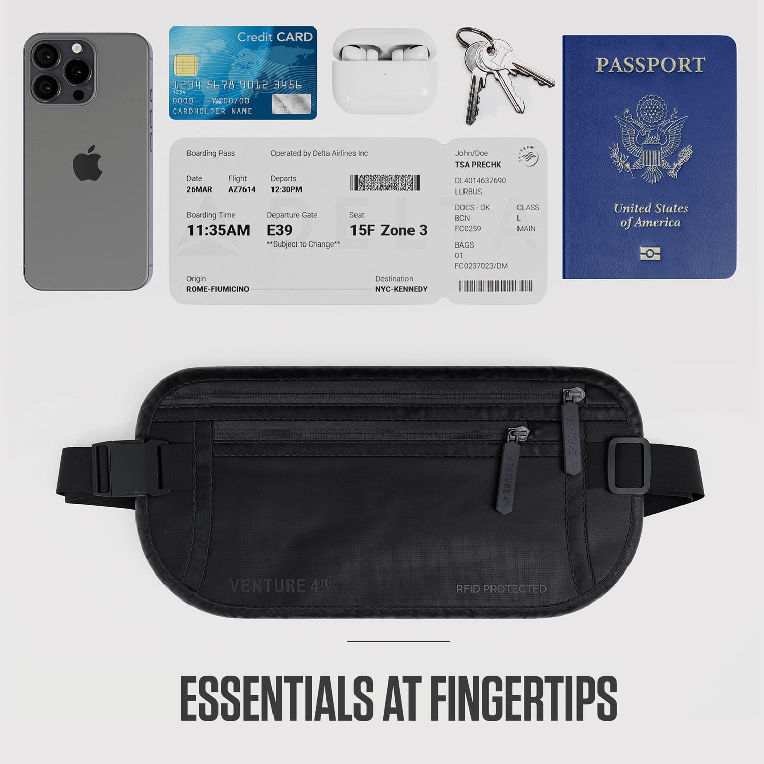 VENTURE 4TH Money Belt for Travel – Hidden Under-Clothes RFID Blocking Passport Holder & Slim Travel Wallet Pouch for Men & Women to Protect Cash, Cards & Documents (Gray)