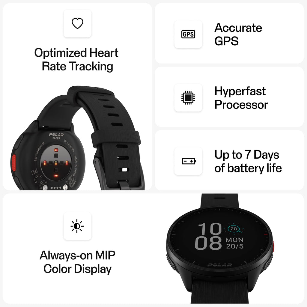 POLAR Pacer Pro Advanced Ultra-Light GPS Fitness Tracker Smartwatch for Runners with Training Program & Recovery Tools; S-L, for Men or Women, White-Red