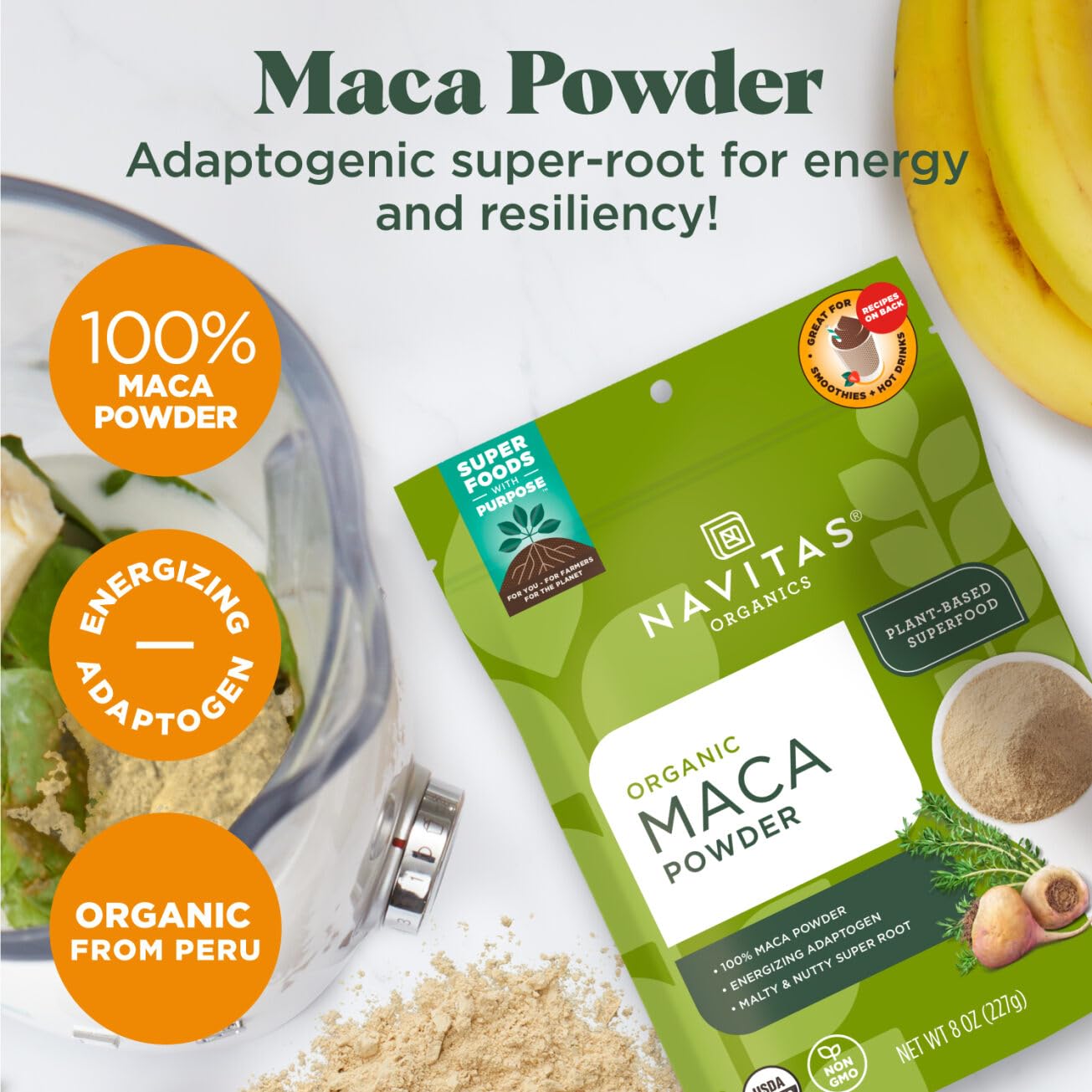 Navitas Organics Maca Powder – 100% Gelatinized Peruvian Maca for Adaptogen Smoothies, Lattes, Baking & More – Energize & Balance - USDA Organic, Non GMO, Vegan, Gluten Free (8oz. Bag, 45 Servings)