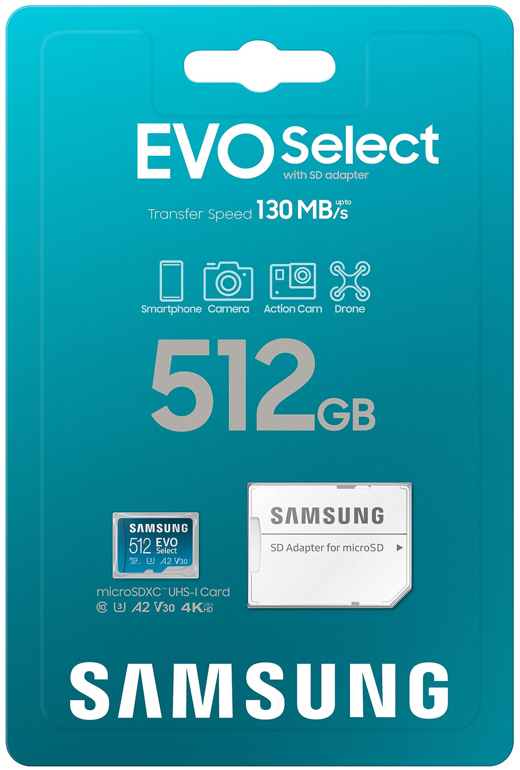 SAMSUNG EVO Select Micro SD-Memory-Card + Adapter, 128GB microSDXC 130MB/s Full HD & 4K UHD, UHS-I, U3, A2, V30, Expanded Storage for Android Smartphones, Tablets, Nintendo-Switch (MB-ME128KA/AM)