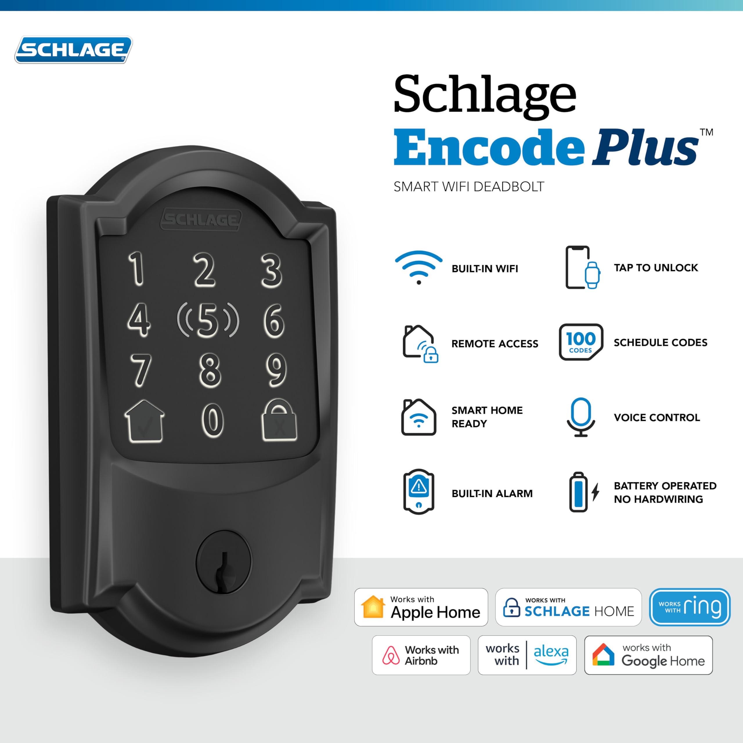 Schlage Encode Plus Smart Wi-Fi Lock for Front Door, Keyless Entry Deadbolt, Unlock with Apple Watch, Built-in WiFi and App Control, Easy Install, Alexa & Apple HomeKit Compatible, Satin Nickel