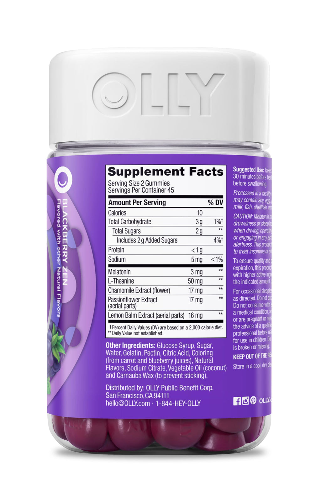OLLY Restful Sleep Gummy Supplement with Melatonin & L-Theanine Chamomile, Blackberry Zen, 50 Gummies (25 Day Supply) Supports a Healthy Sleep Cycle* (Packaging May Vary)