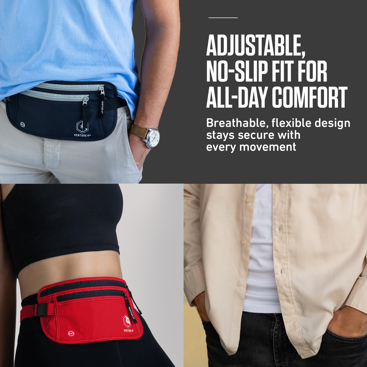 VENTURE 4TH Money Belt for Travel – Hidden Under-Clothes RFID Blocking Passport Holder & Slim Travel Wallet Pouch for Men & Women to Protect Cash, Cards & Documents (Gray)