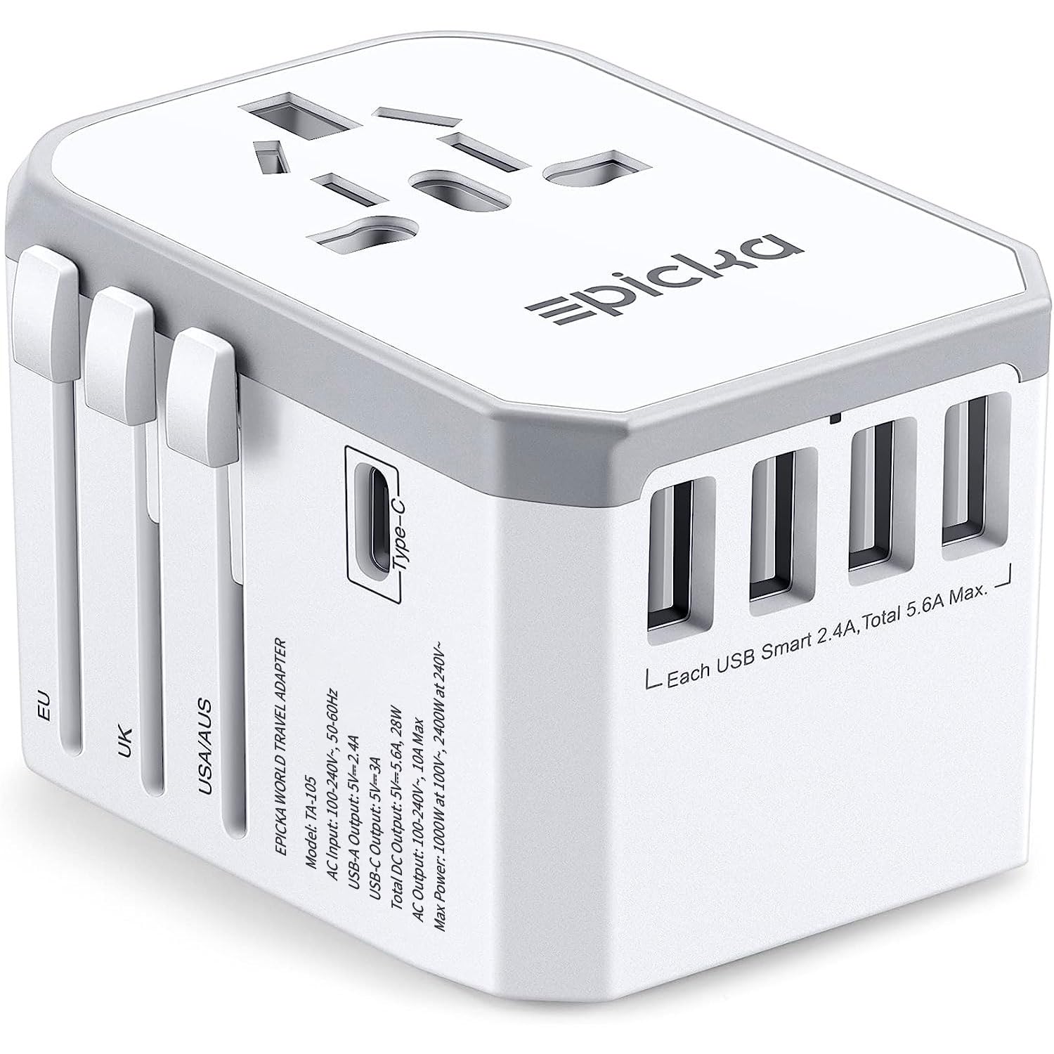 EPICKA Universal Travel Adapter, European Travel Plug Adapter (Not a Voltage Converter) - International Power Adapter Worldwide Charger with USB-C & 4 USB-A Ports, Travel Essentials (TA-105, Grey)