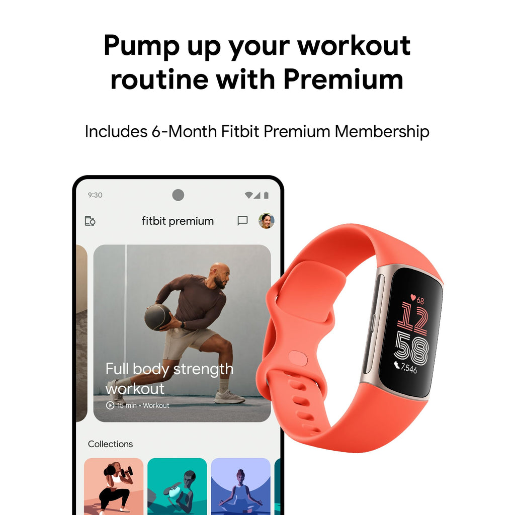 Fitbit Charge 6 Fitness Tracker with Google apps, Heart Rate on Exercise Equipment, 6-Months Premium Membership Included, GPS, Health Tools and More, Obsidian/Black, One Size (S & L Bands Included)