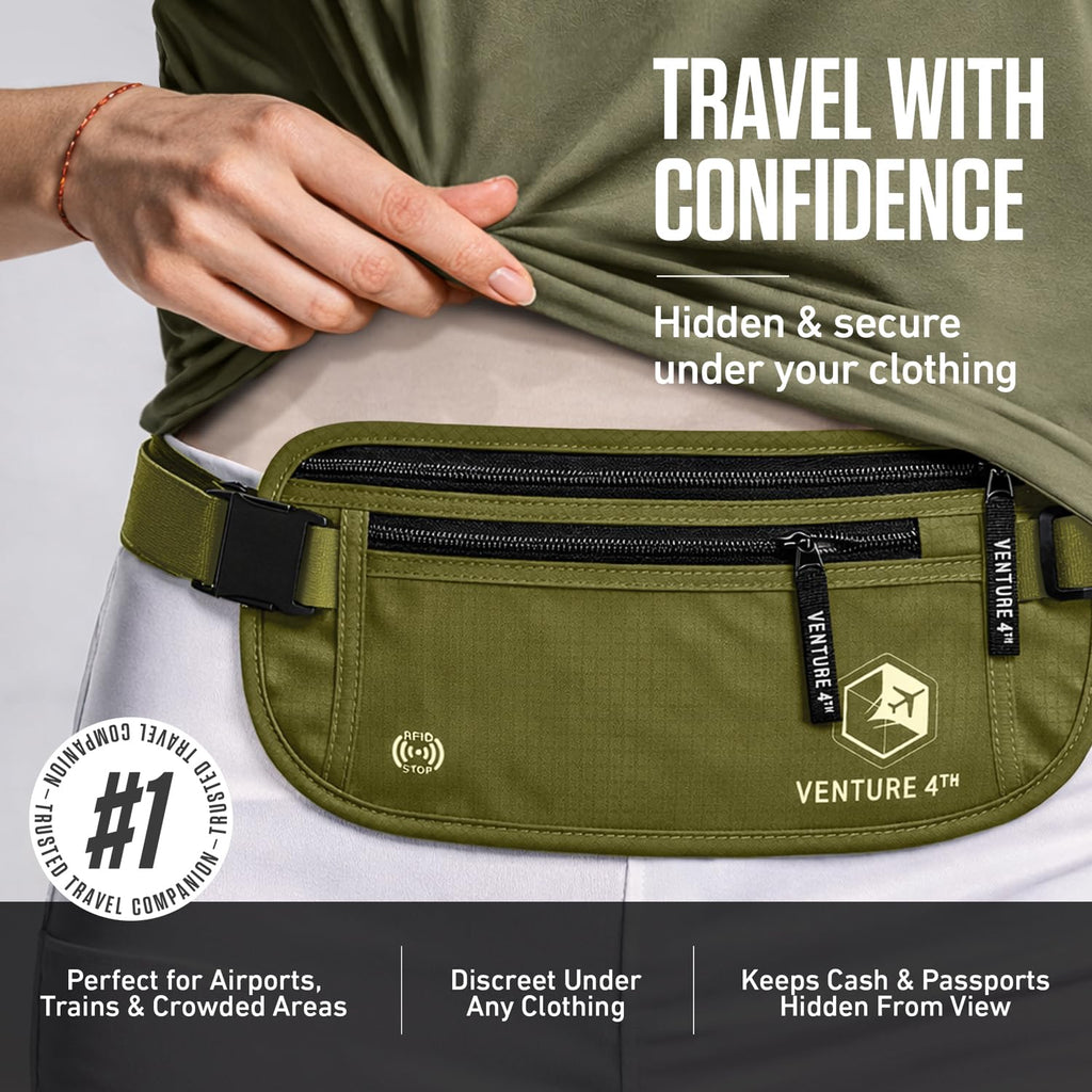 VENTURE 4TH Money Belt for Travel – Hidden Under-Clothes RFID Blocking Passport Holder & Slim Travel Wallet Pouch for Men & Women to Protect Cash, Cards & Documents (Gray)