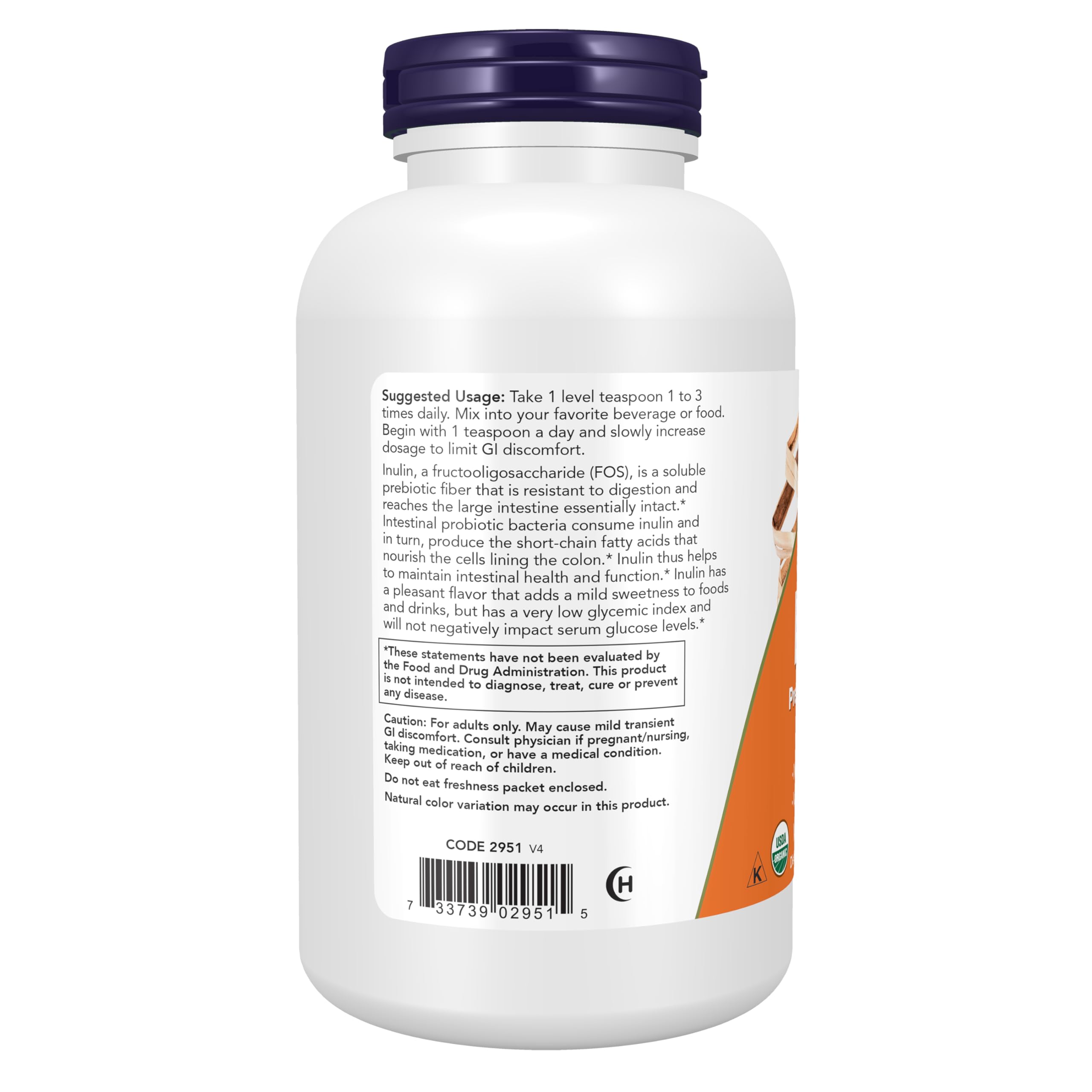 NOW Foods Supplements, Inulin Prebiotic Pure Powder, Certified Organic, Non-GMO Project Verified, Intestinal Support*, 8-Ounce