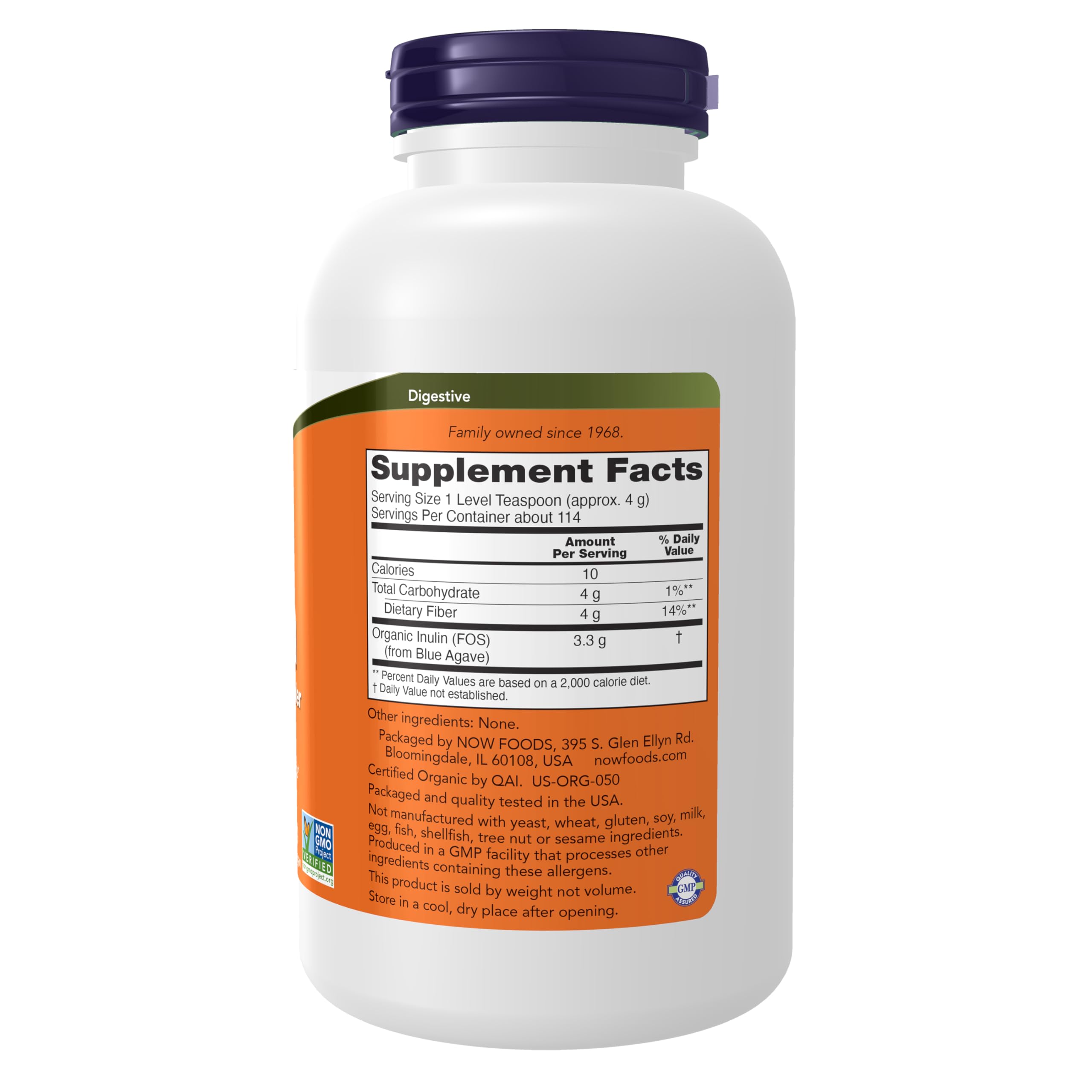 NOW Foods Supplements, Inulin Prebiotic Pure Powder, Certified Organic, Non-GMO Project Verified, Intestinal Support*, 8-Ounce