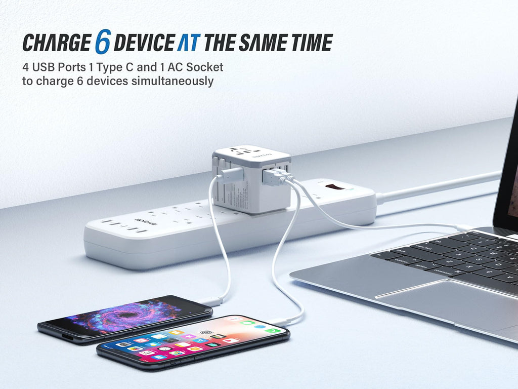 EPICKA Universal Travel Adapter, European Travel Plug Adapter (Not a Voltage Converter) - International Power Adapter Worldwide Charger with USB-C & 4 USB-A Ports, Travel Essentials (TA-105, Grey)