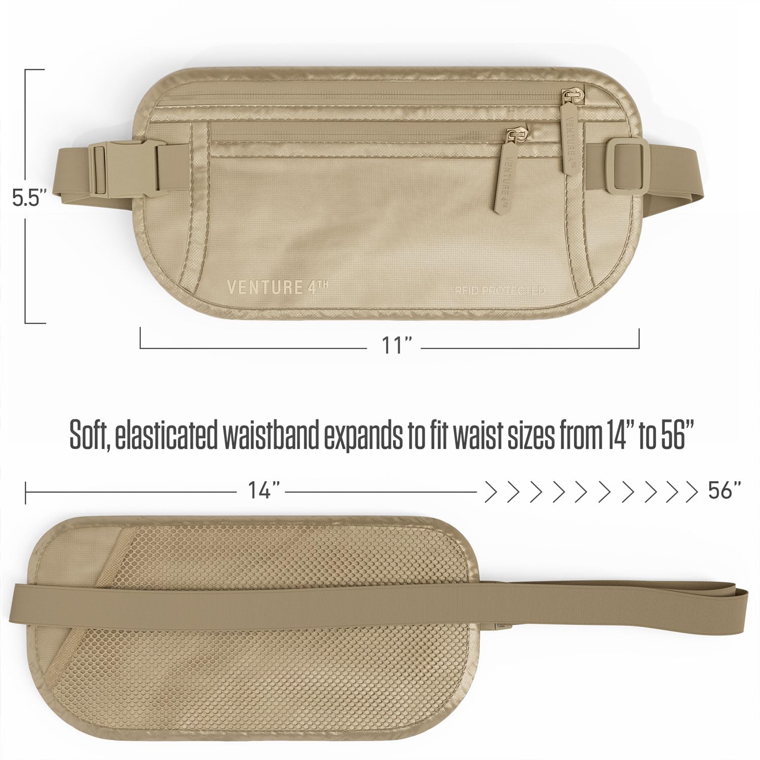 VENTURE 4TH Money Belt for Travel – Hidden Under-Clothes RFID Blocking Passport Holder & Slim Travel Wallet Pouch for Men & Women to Protect Cash, Cards & Documents (Gray)