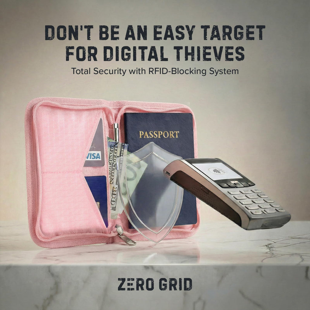 Zero Grid RFID Passport Holder & Travel Wallet, Zippered Wallet for Men & Women, Fits Passport, Cards, Cash, Tickets, ID, Sim Card; Premium & Compact Travel Document Holder - Midnight Black