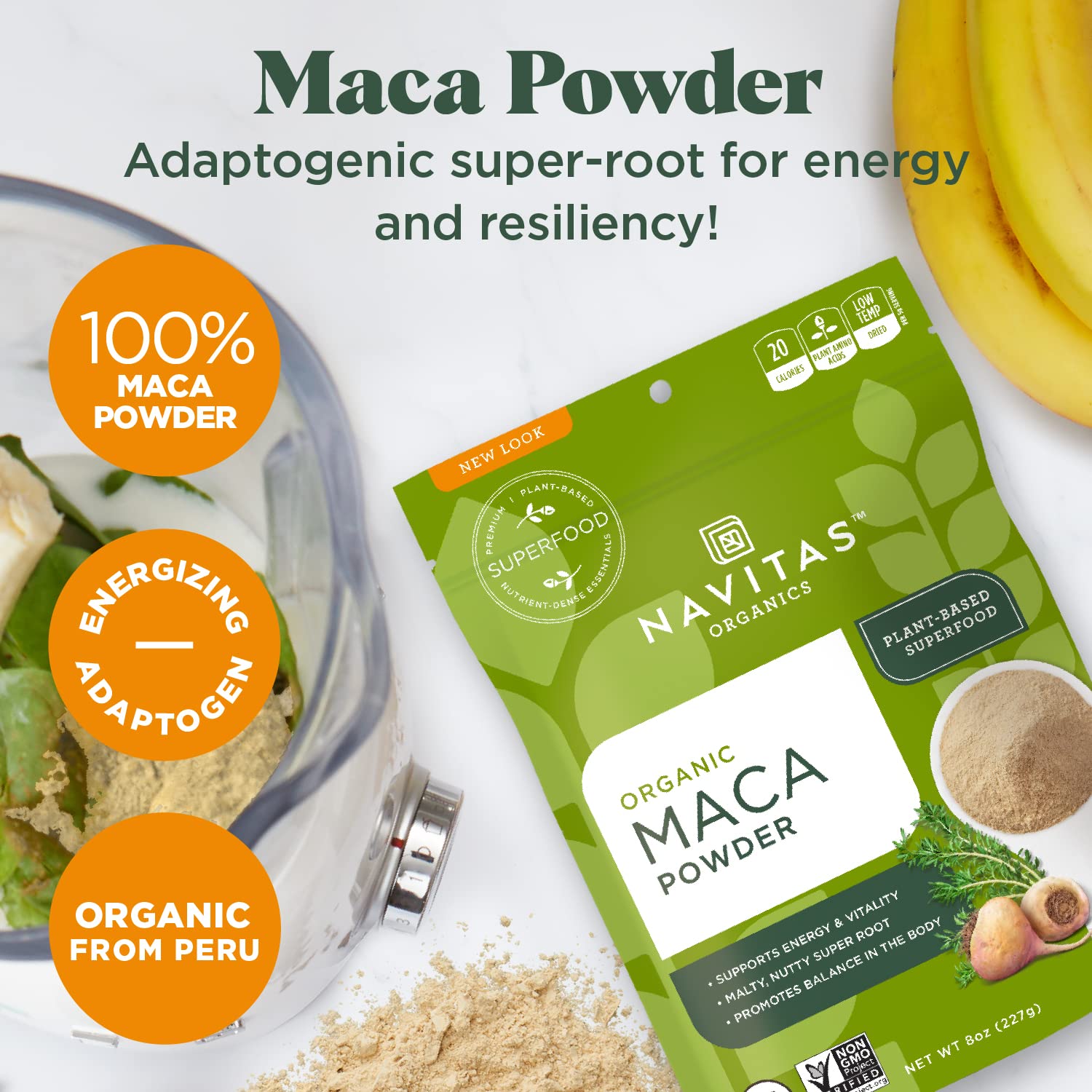 Navitas Organics Maca Powder – 100% Gelatinized Peruvian Maca for Adaptogen Smoothies, Lattes, Baking & More – Energize & Balance - USDA Organic, Non GMO, Vegan, Gluten Free (8oz. Bag, 45 Servings)