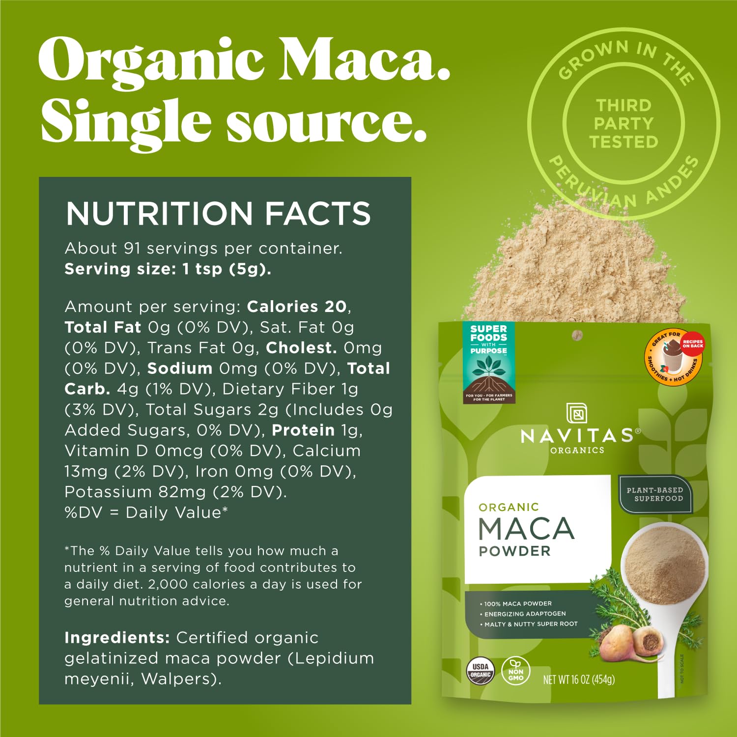 Navitas Organics Maca Powder – 100% Gelatinized Peruvian Maca for Adaptogen Smoothies, Lattes, Baking & More – Energize & Balance - USDA Organic, Non GMO, Vegan, Gluten Free (8oz. Bag, 45 Servings)