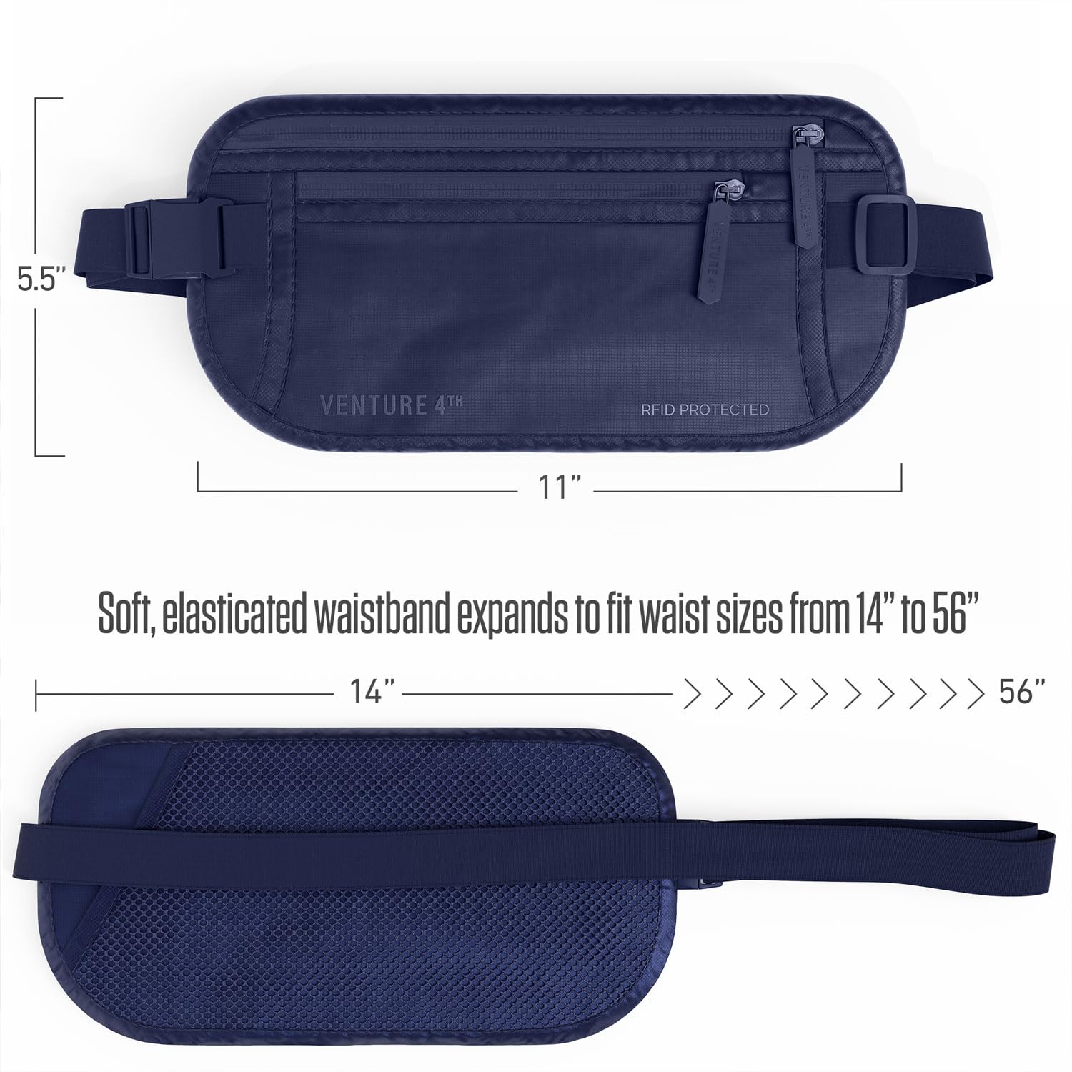 VENTURE 4TH Money Belt for Travel – Hidden Under-Clothes RFID Blocking Passport Holder & Slim Travel Wallet Pouch for Men & Women to Protect Cash, Cards & Documents (Gray)