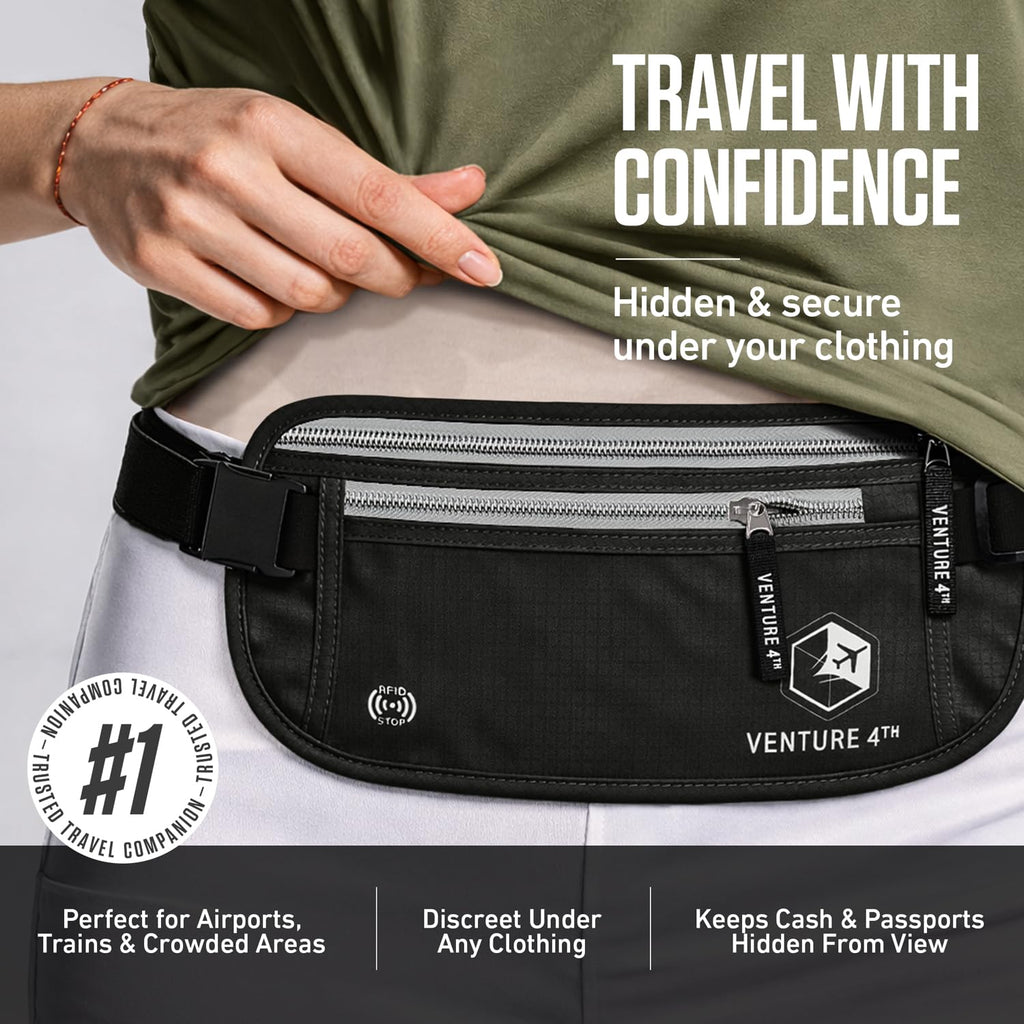 VENTURE 4TH Money Belt for Travel – Hidden Under-Clothes RFID Blocking Passport Holder & Slim Travel Wallet Pouch for Men & Women to Protect Cash, Cards & Documents (Gray)