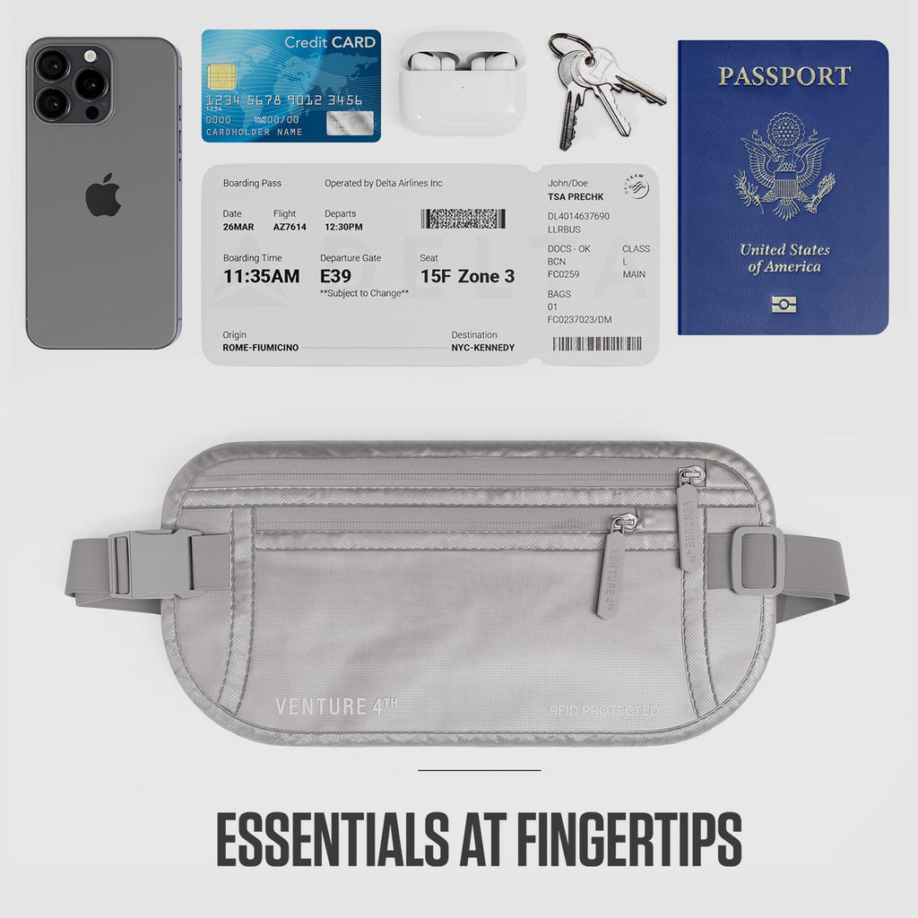 VENTURE 4TH Money Belt for Travel – Hidden Under-Clothes RFID Blocking Passport Holder & Slim Travel Wallet Pouch for Men & Women to Protect Cash, Cards & Documents (Gray)