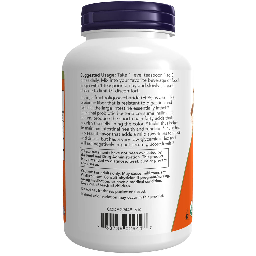 NOW Foods Supplements, Inulin Prebiotic Pure Powder, Certified Organic, Non-GMO Project Verified, Intestinal Support*, 8-Ounce