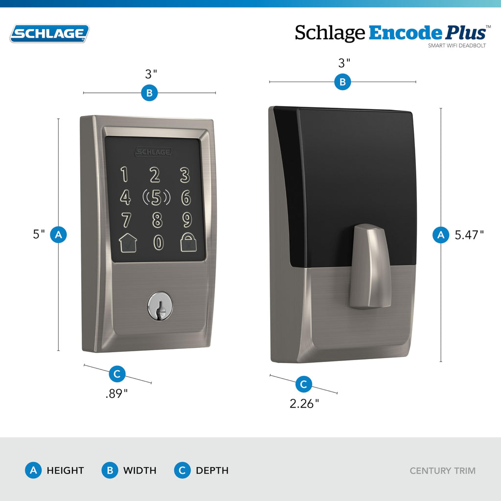 Schlage Encode Plus Smart Wi-Fi Lock for Front Door, Keyless Entry Deadbolt, Unlock with Apple Watch, Built-in WiFi and App Control, Easy Install, Alexa & Apple HomeKit Compatible, Satin Nickel