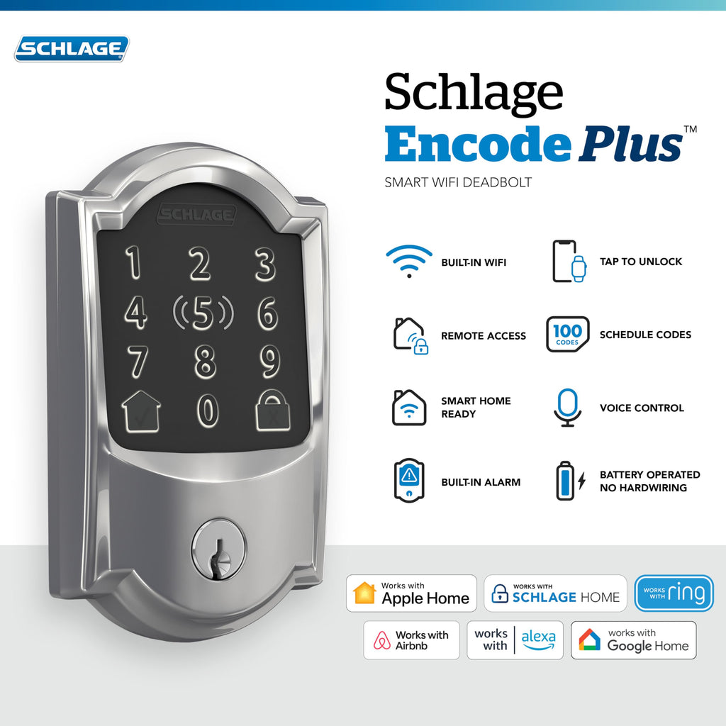 Schlage Encode Plus Smart Wi-Fi Lock for Front Door, Keyless Entry Deadbolt, Unlock with Apple Watch, Built-in WiFi and App Control, Easy Install, Alexa & Apple HomeKit Compatible, Satin Nickel