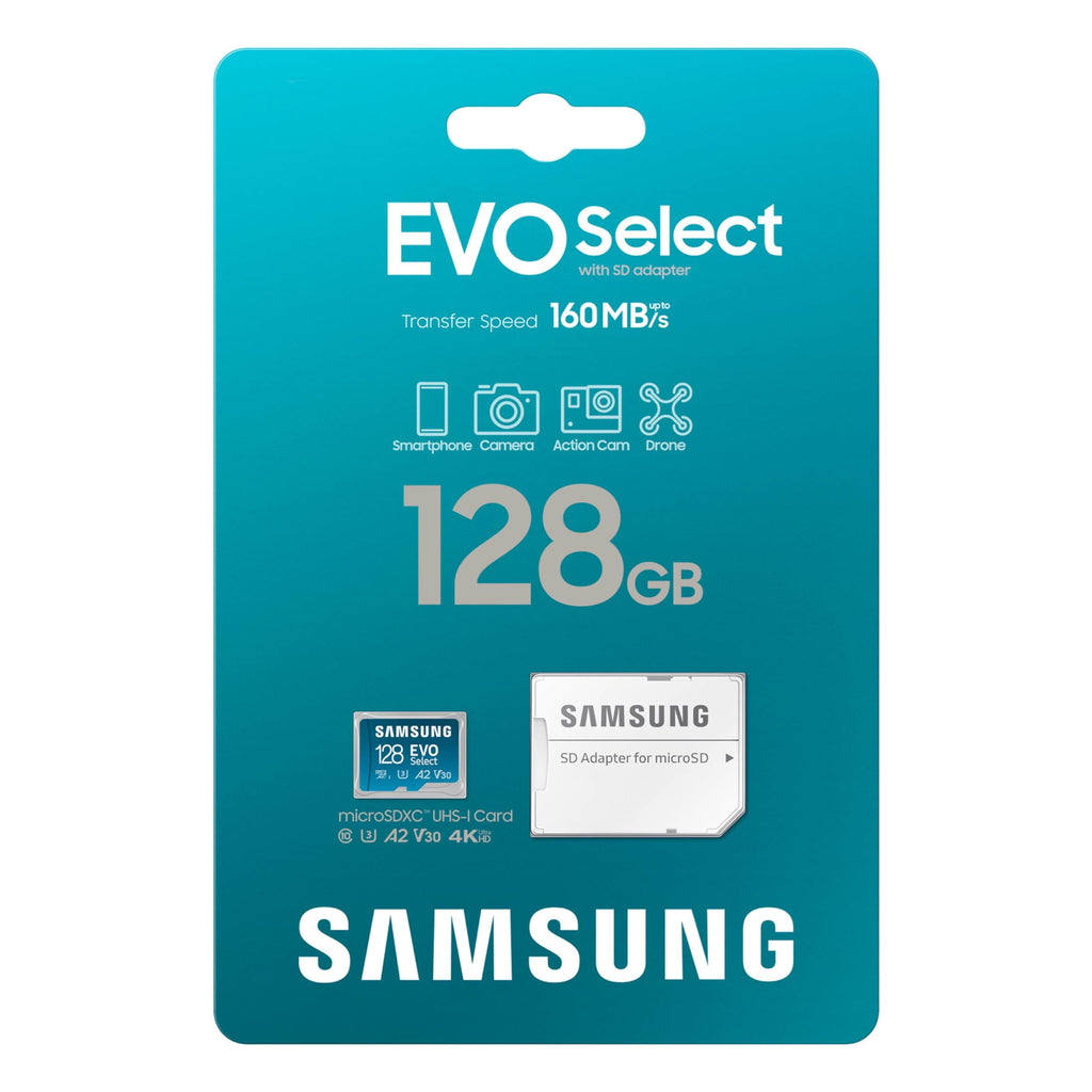 SAMSUNG EVO Select Micro SD-Memory-Card + Adapter, 128GB microSDXC 130MB/s Full HD & 4K UHD, UHS-I, U3, A2, V30, Expanded Storage for Android Smartphones, Tablets, Nintendo-Switch (MB-ME128KA/AM)
