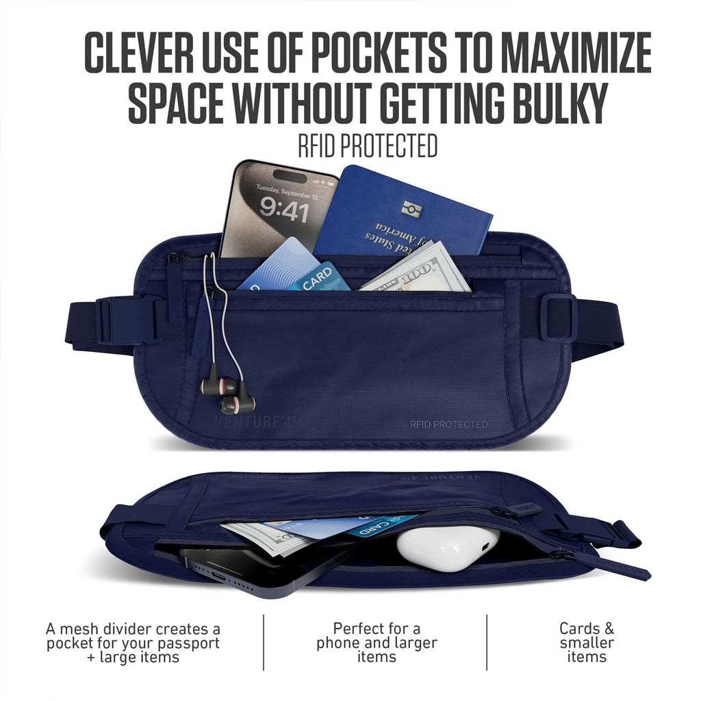 VENTURE 4TH Money Belt for Travel – Hidden Under-Clothes RFID Blocking Passport Holder & Slim Travel Wallet Pouch for Men & Women to Protect Cash, Cards & Documents (Gray)