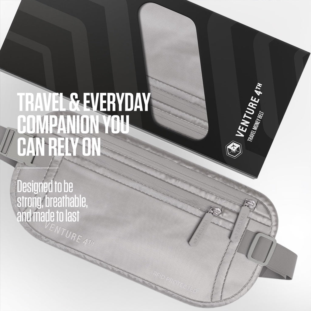 VENTURE 4TH Money Belt for Travel – Hidden Under-Clothes RFID Blocking Passport Holder & Slim Travel Wallet Pouch for Men & Women to Protect Cash, Cards & Documents (Gray)