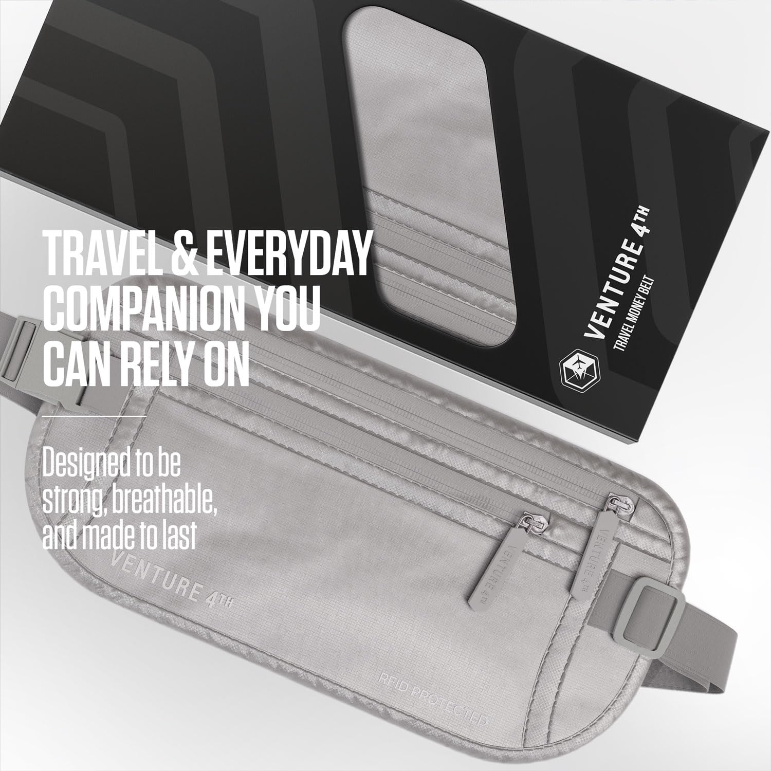 VENTURE 4TH Money Belt for Travel – Hidden Under-Clothes RFID Blocking Passport Holder & Slim Travel Wallet Pouch for Men & Women to Protect Cash, Cards & Documents (Gray)