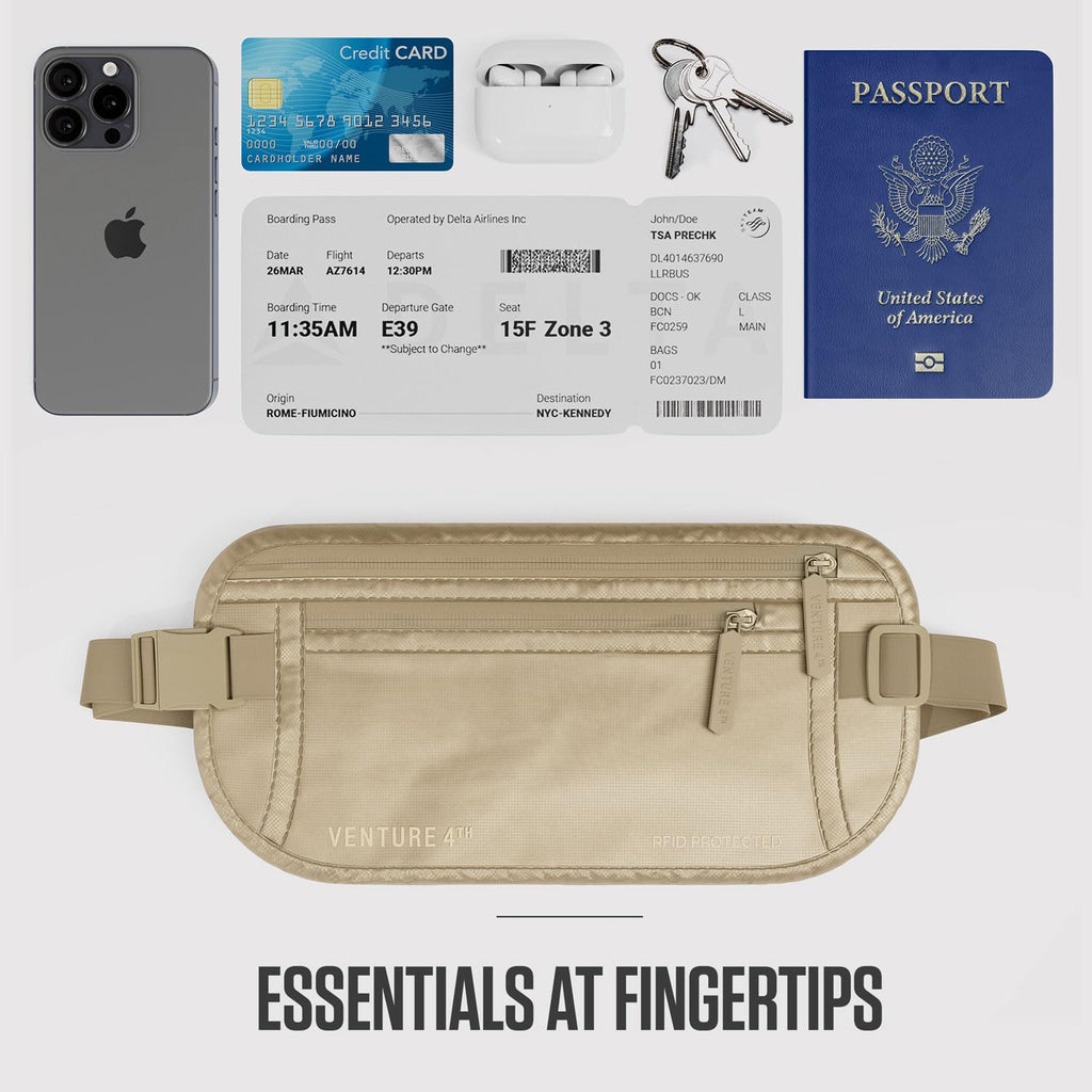 VENTURE 4TH Money Belt for Travel – Hidden Under-Clothes RFID Blocking Passport Holder & Slim Travel Wallet Pouch for Men & Women to Protect Cash, Cards & Documents (Gray)