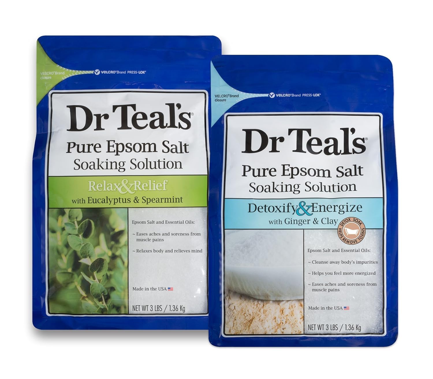 Dr Teal's Epsom Salt Bath Soaking Solution, Eucalyptus and Lavender, 2 Count, 3lb Bags - 6lbs Total