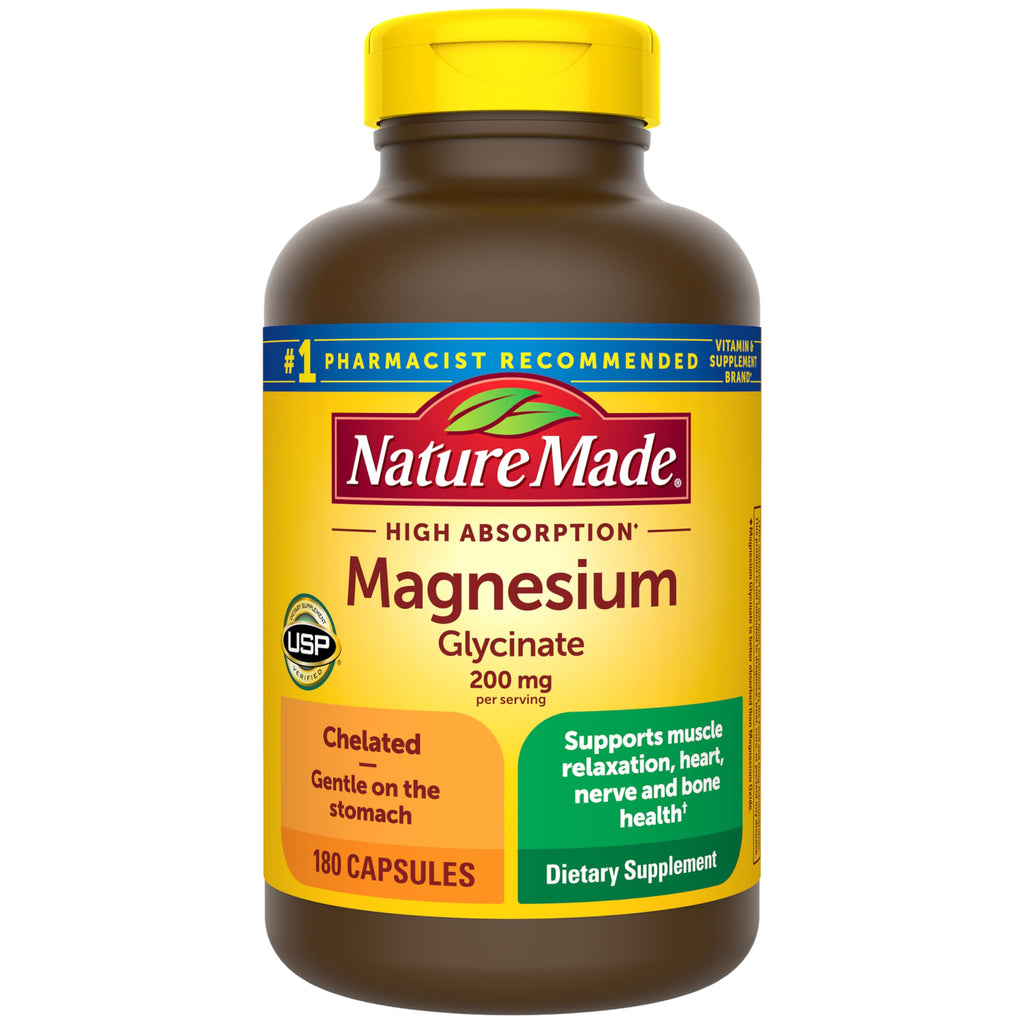 Nature Made Magnesium Glycinate 200 mg per Serving, Magnesium Supplement for Muscle, Heart, Nerve and Bone Support, 60 Magnesium Bisglycinate Capsules, 30 Day Supply