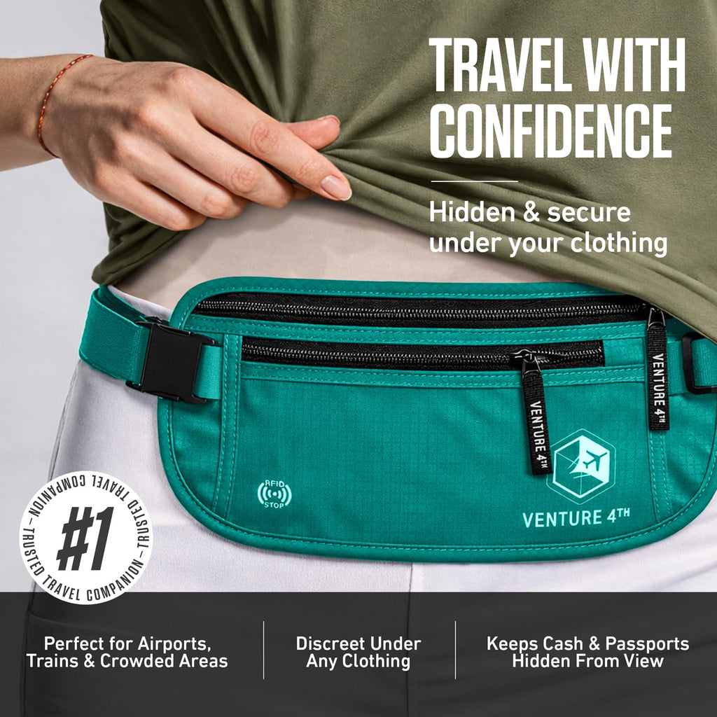 VENTURE 4TH Money Belt for Travel – Hidden Under-Clothes RFID Blocking Passport Holder & Slim Travel Wallet Pouch for Men & Women to Protect Cash, Cards & Documents (Gray)