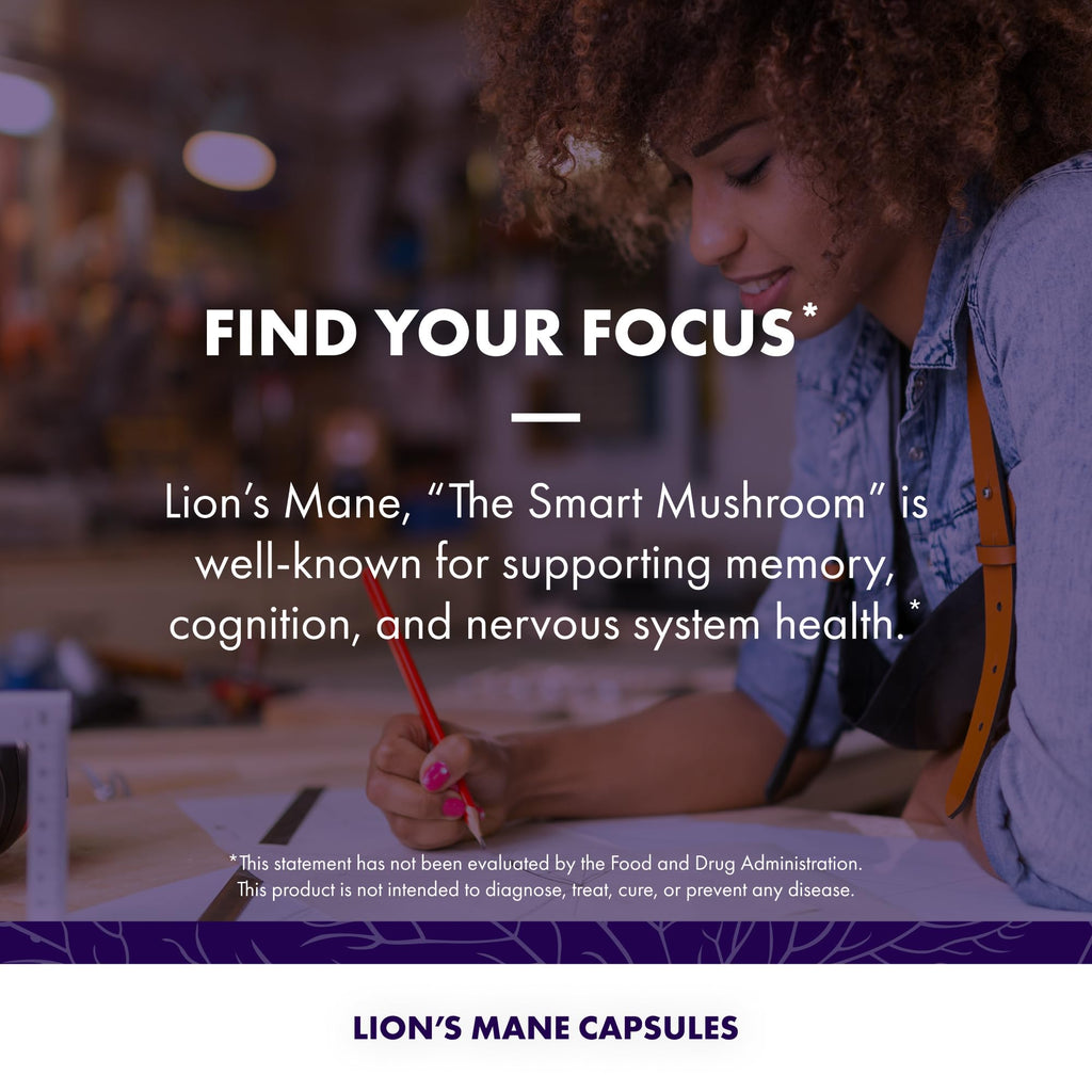 Host Defense Mushrooms Lion's Mane - Supplement Capsules for Brain Health Support - Mushroom Support for Focus & Memory Function - Immune & Nervous System Supplement - 60 Capsules