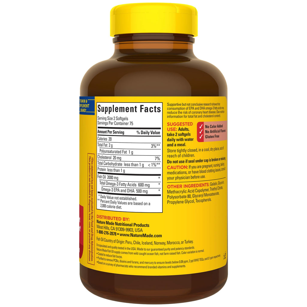 Nature Made Fish Oil Omega 3 Supplements, 1200 mg Softgels, Omega 3 Fish Oil for Healthy Heart Support, 230 Softgels, 115 Day Supply