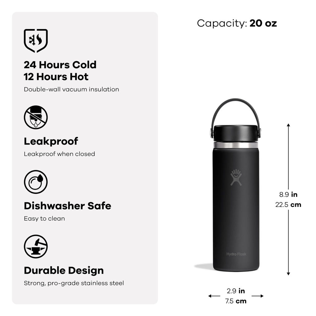 Hydro Flask Water Bottle - Insulated Stainless Steel - Wide Mouth Flex Lid, Non Spill, Leakproof and Refillable in 32 Oz White