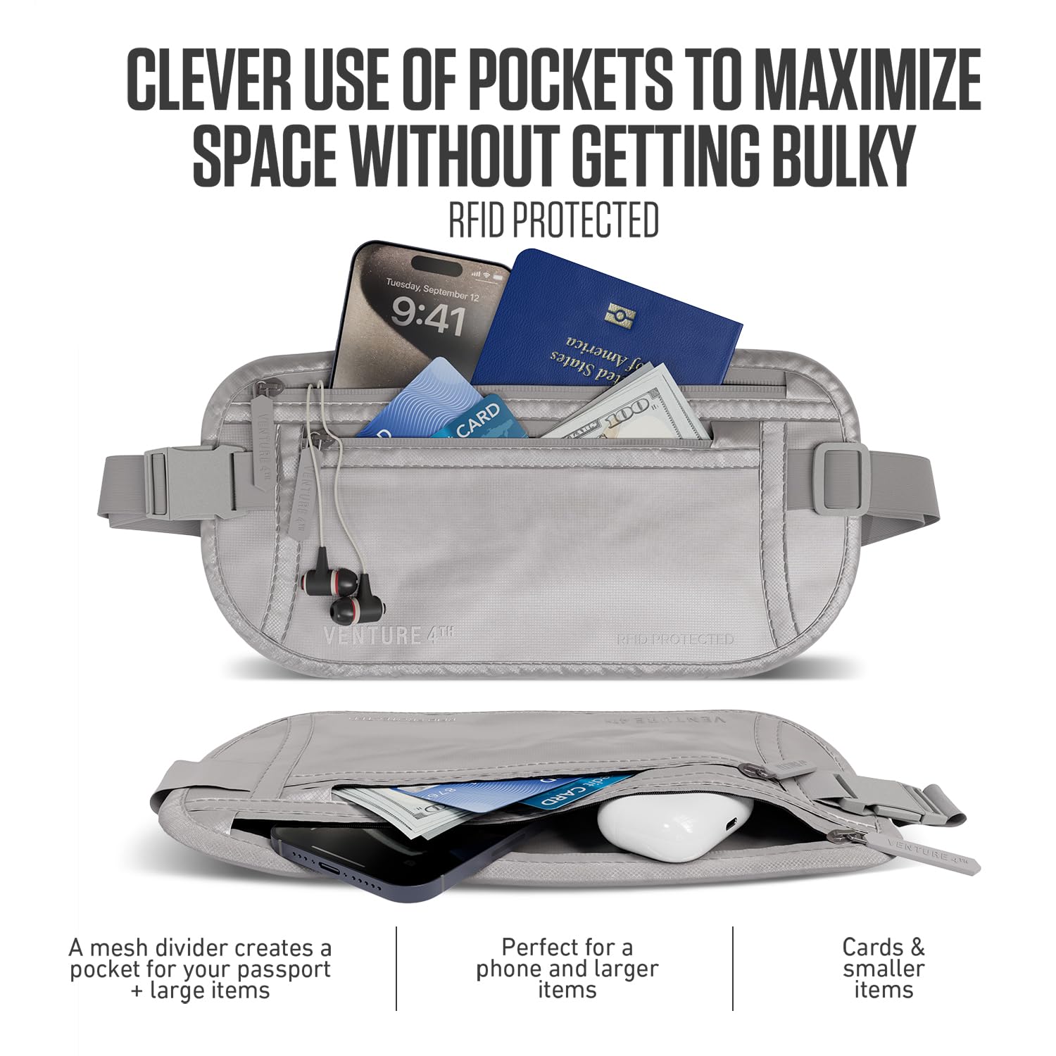 VENTURE 4TH Money Belt for Travel – Hidden Under-Clothes RFID Blocking Passport Holder & Slim Travel Wallet Pouch for Men & Women to Protect Cash, Cards & Documents (Gray)