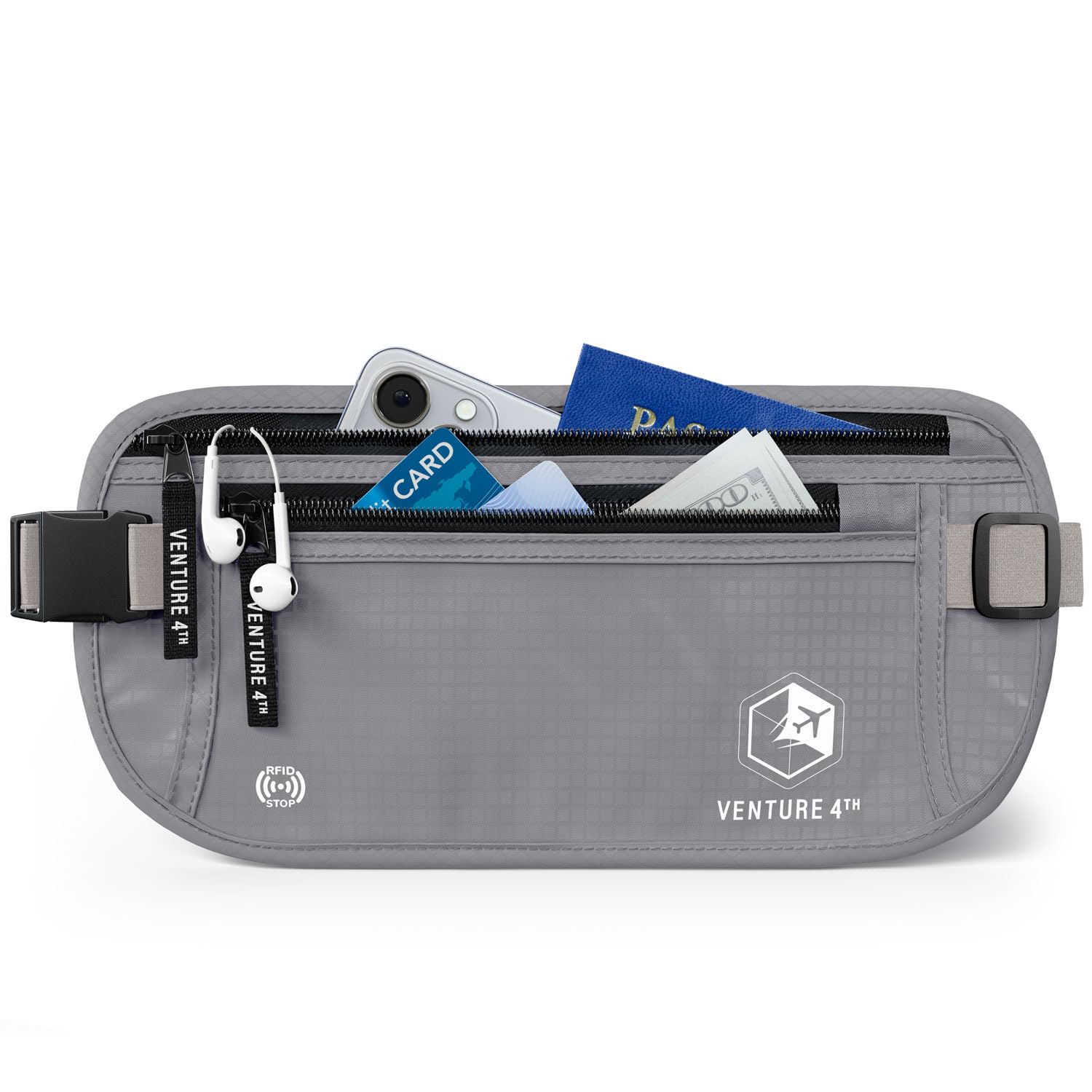 VENTURE 4TH Money Belt for Travel – Hidden Under-Clothes RFID Blocking Passport Holder & Slim Travel Wallet Pouch for Men & Women to Protect Cash, Cards & Documents (Gray)