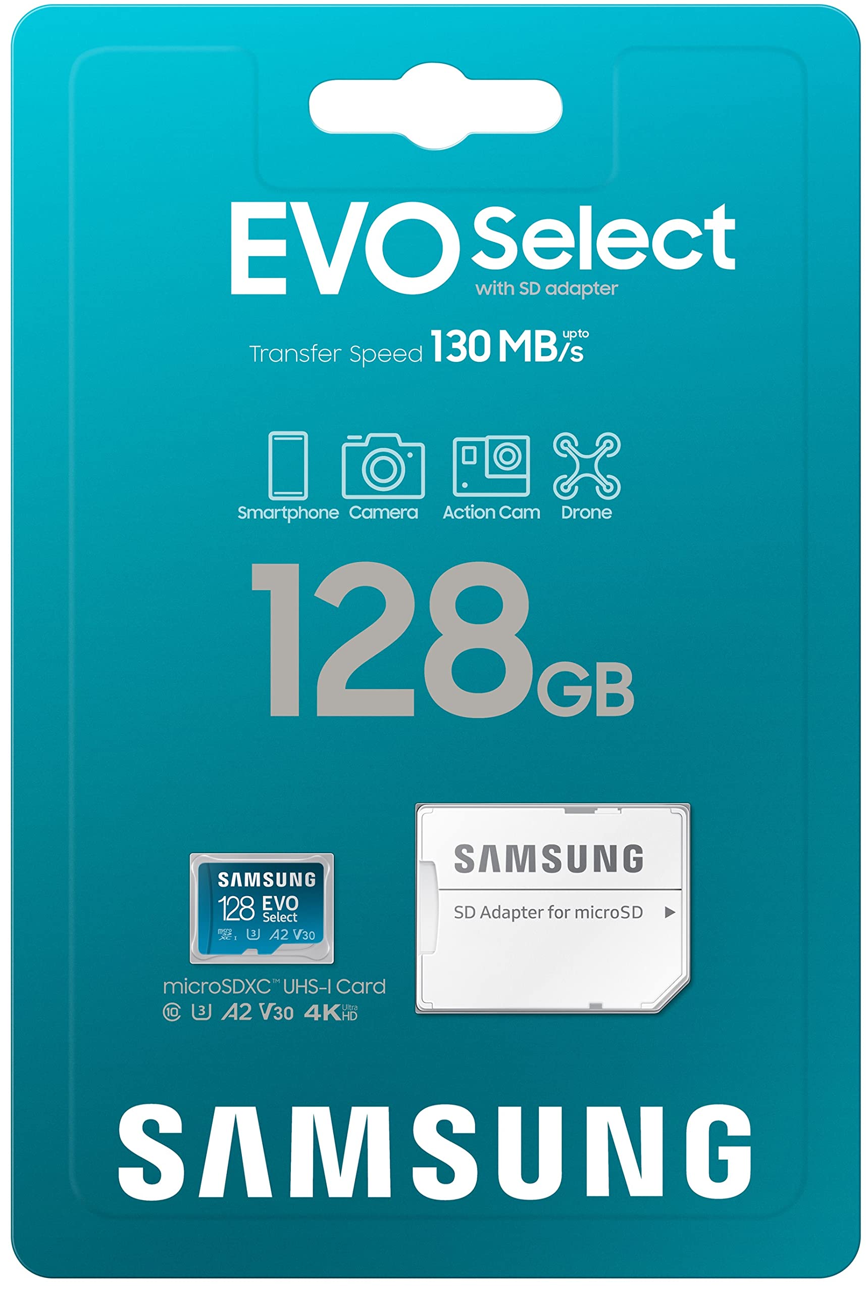 SAMSUNG EVO Select Micro SD-Memory-Card + Adapter, 128GB microSDXC 130MB/s Full HD & 4K UHD, UHS-I, U3, A2, V30, Expanded Storage for Android Smartphones, Tablets, Nintendo-Switch (MB-ME128KA/AM)