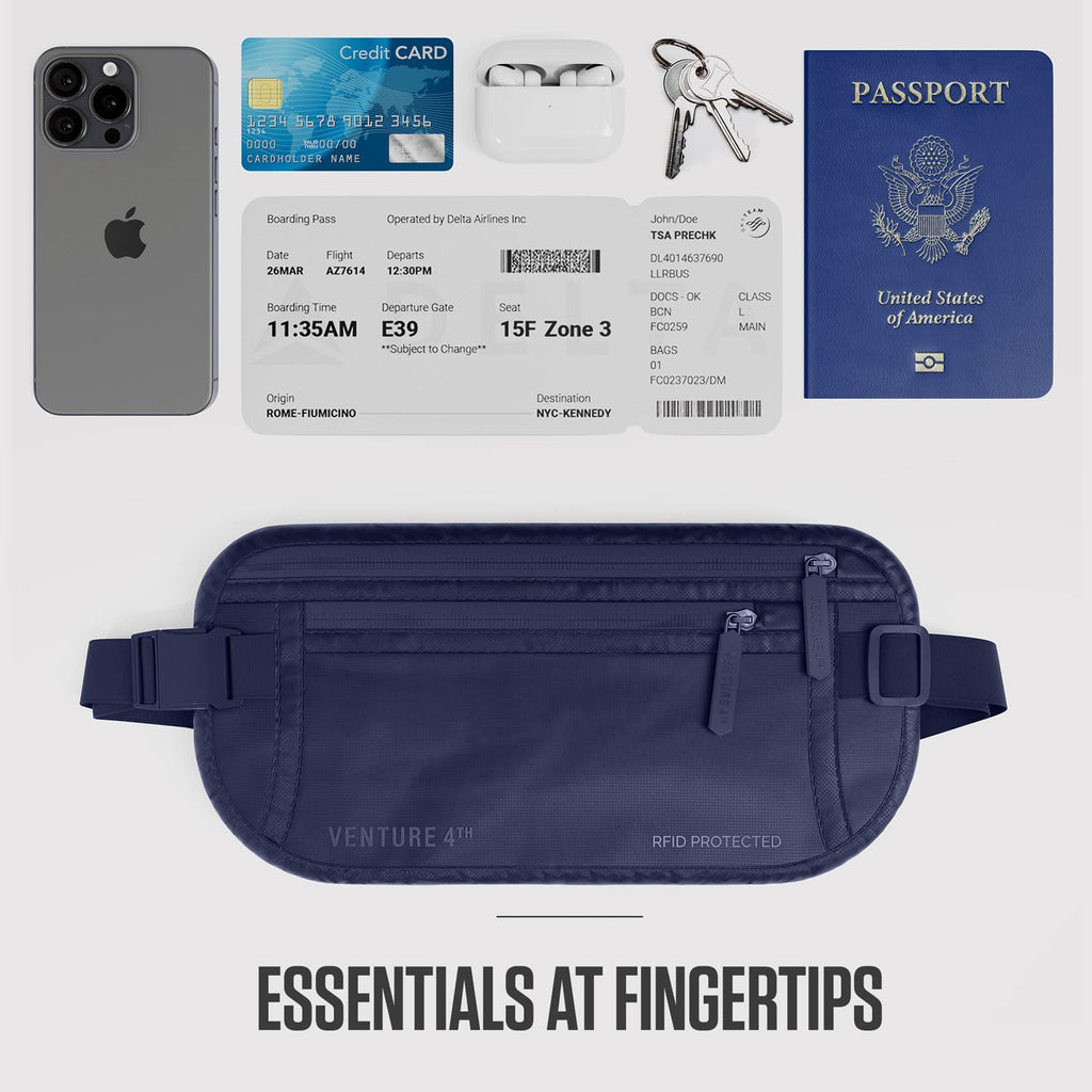 VENTURE 4TH Money Belt for Travel – Hidden Under-Clothes RFID Blocking Passport Holder & Slim Travel Wallet Pouch for Men & Women to Protect Cash, Cards & Documents (Gray)