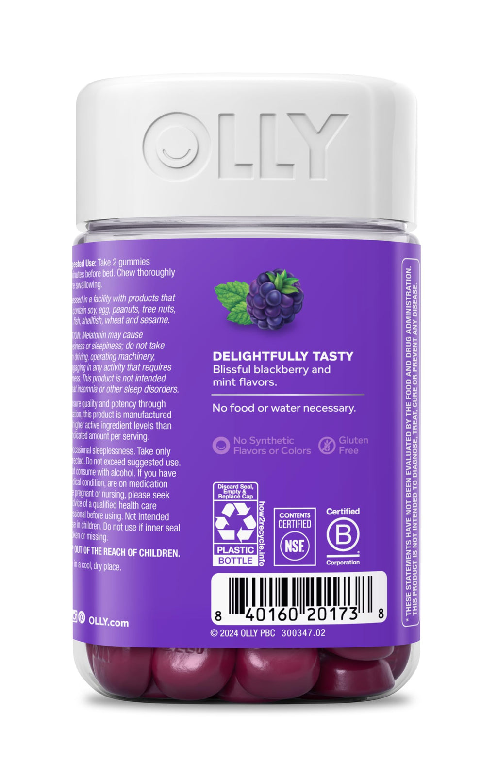 OLLY Restful Sleep Gummy Supplement with Melatonin & L-Theanine Chamomile, Blackberry Zen, 50 Gummies (25 Day Supply) Supports a Healthy Sleep Cycle* (Packaging May Vary)