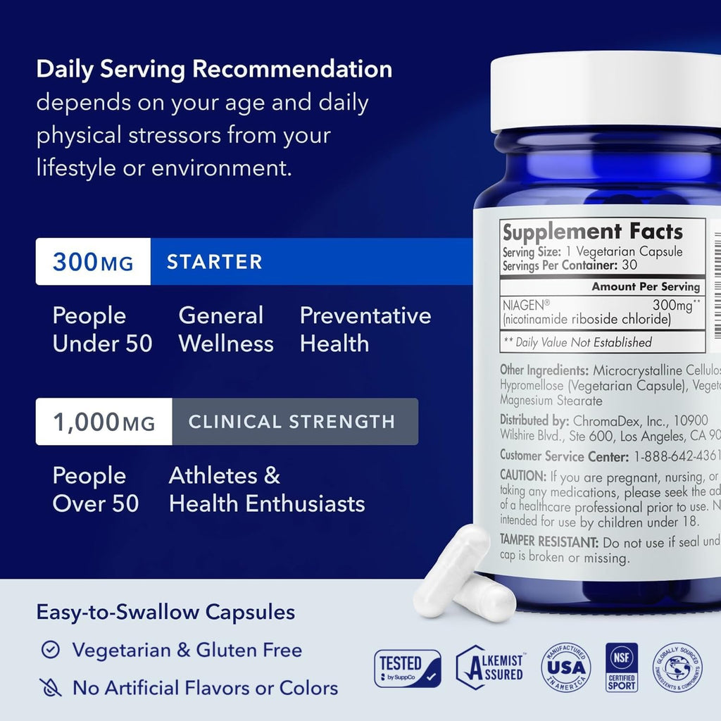 TRU NIAGEN Patented NAD Supplement for Brain Function, Anti Aging & Cell Regeneration, 300mg Niagen, 30 Servings | Supports Cellular Energy, Muscle | Nicotinamide Riboside (NR) Take 1 Daily | 1 Bottle