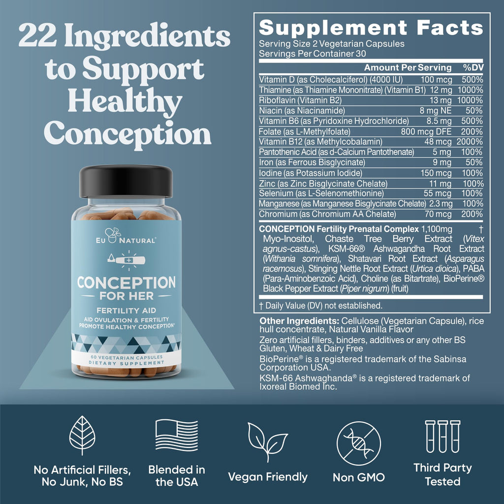 Eu Natural Conception for Her Fertility Supplements for Women - Ovulation, Hormonal Balance & Regular Cycle Support - Myo-Inositol, Folate, Shatavari & Vitex - 60 Vegetarian Capsules
