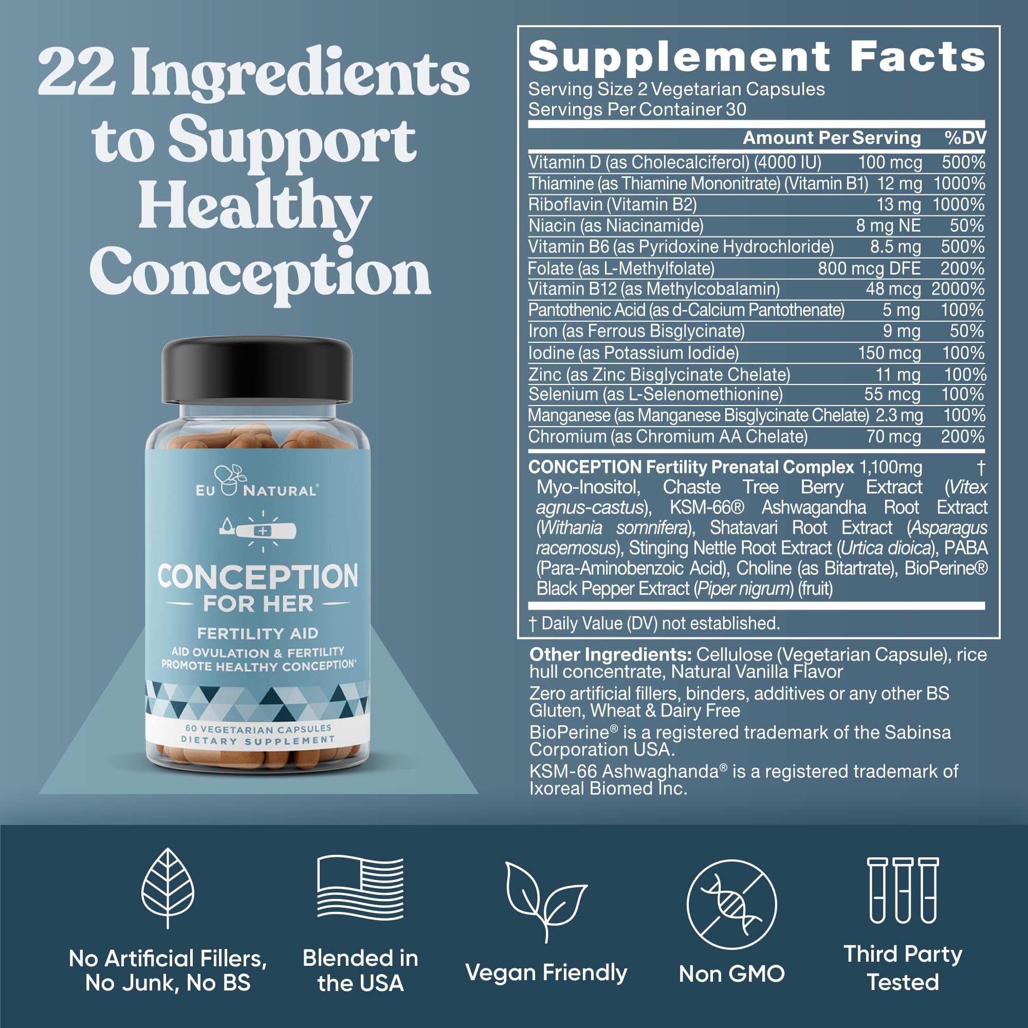 Eu Natural Conception for Her Fertility Supplements for Women - Ovulation, Hormonal Balance & Regular Cycle Support - Myo-Inositol, Folate, Shatavari & Vitex - 60 Vegetarian Capsules