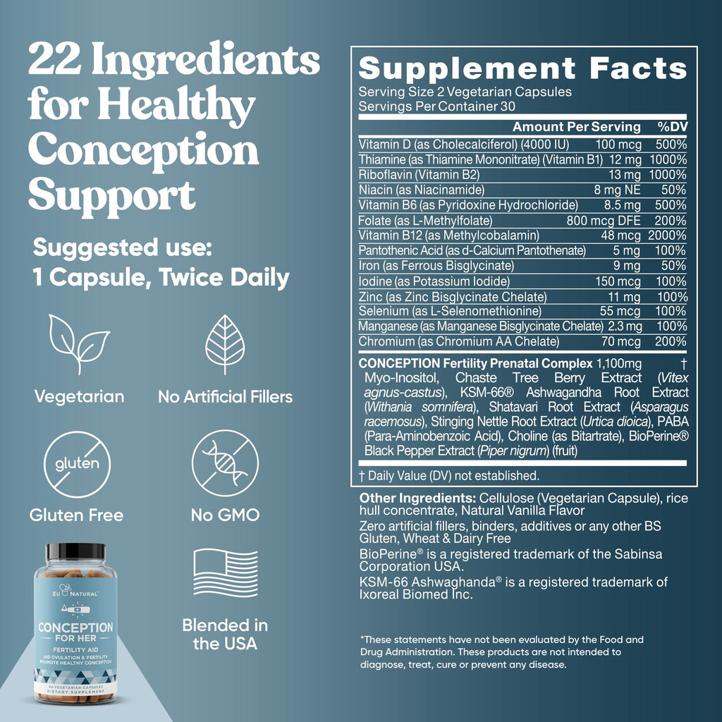 Eu Natural Conception for Her Fertility Supplements for Women - Ovulation, Hormonal Balance & Regular Cycle Support - Myo-Inositol, Folate, Shatavari & Vitex - 60 Vegetarian Capsules
