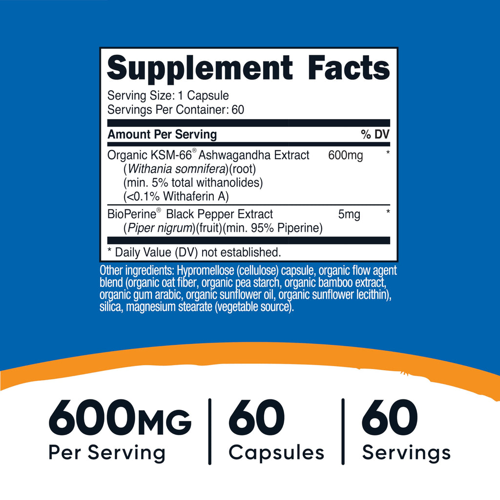 Nutricost KSM-66 Ashwagandha Root Extract 600mg, 60 Veggie Caps - 5% Withanolides - with BioPerine - Full-Spectrum Root Extract