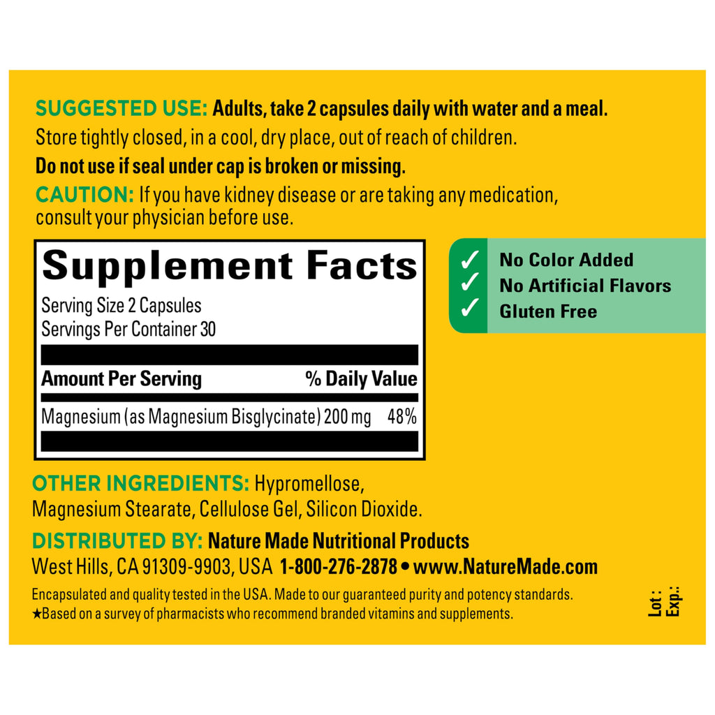 Nature Made Magnesium Glycinate 200 mg per Serving, Magnesium Supplement for Muscle, Heart, Nerve and Bone Support, 60 Magnesium Bisglycinate Capsules, 30 Day Supply