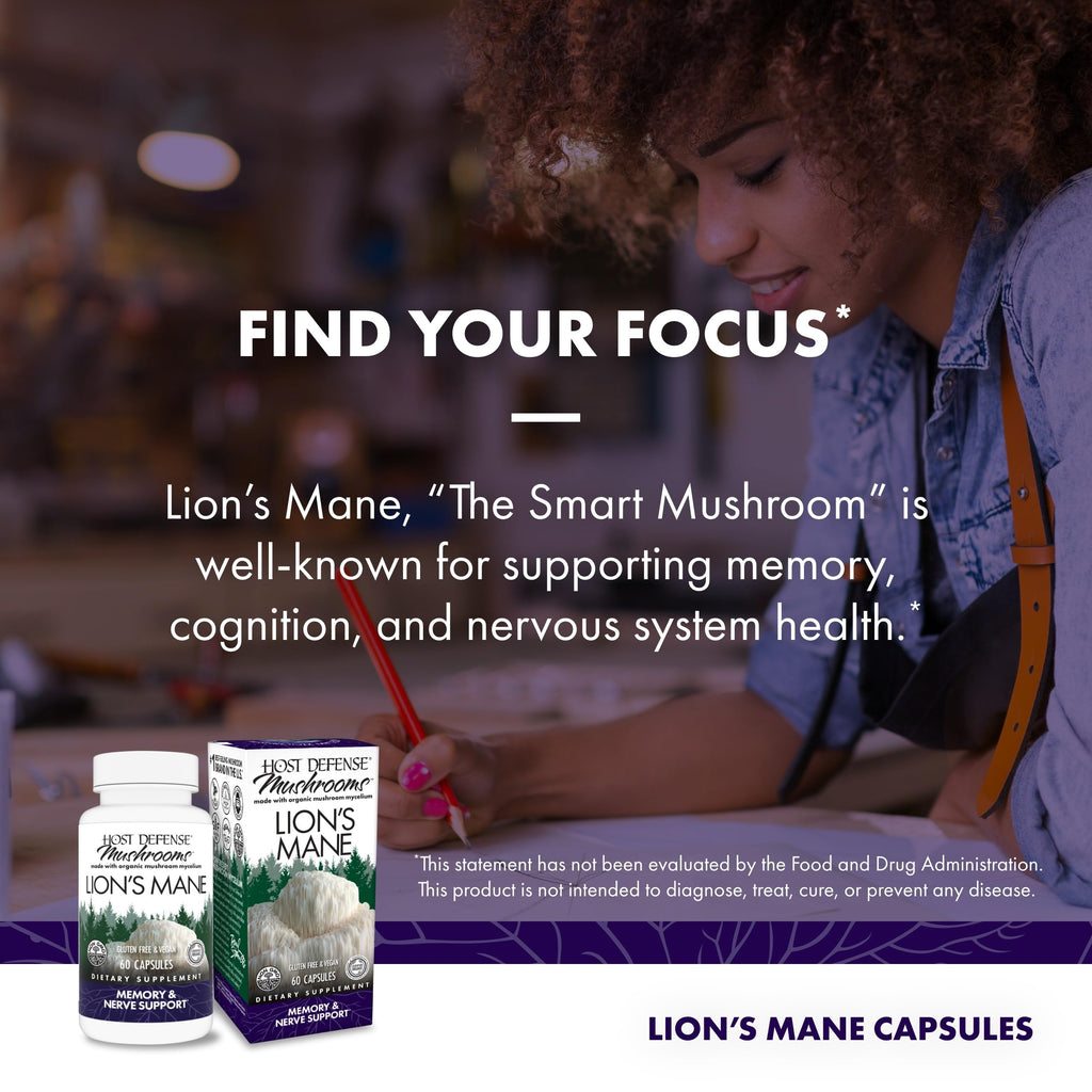 Host Defense Mushrooms Lion's Mane - Supplement Capsules for Brain Health Support - Mushroom Support for Focus & Memory Function - Immune & Nervous System Supplement - 60 Capsules