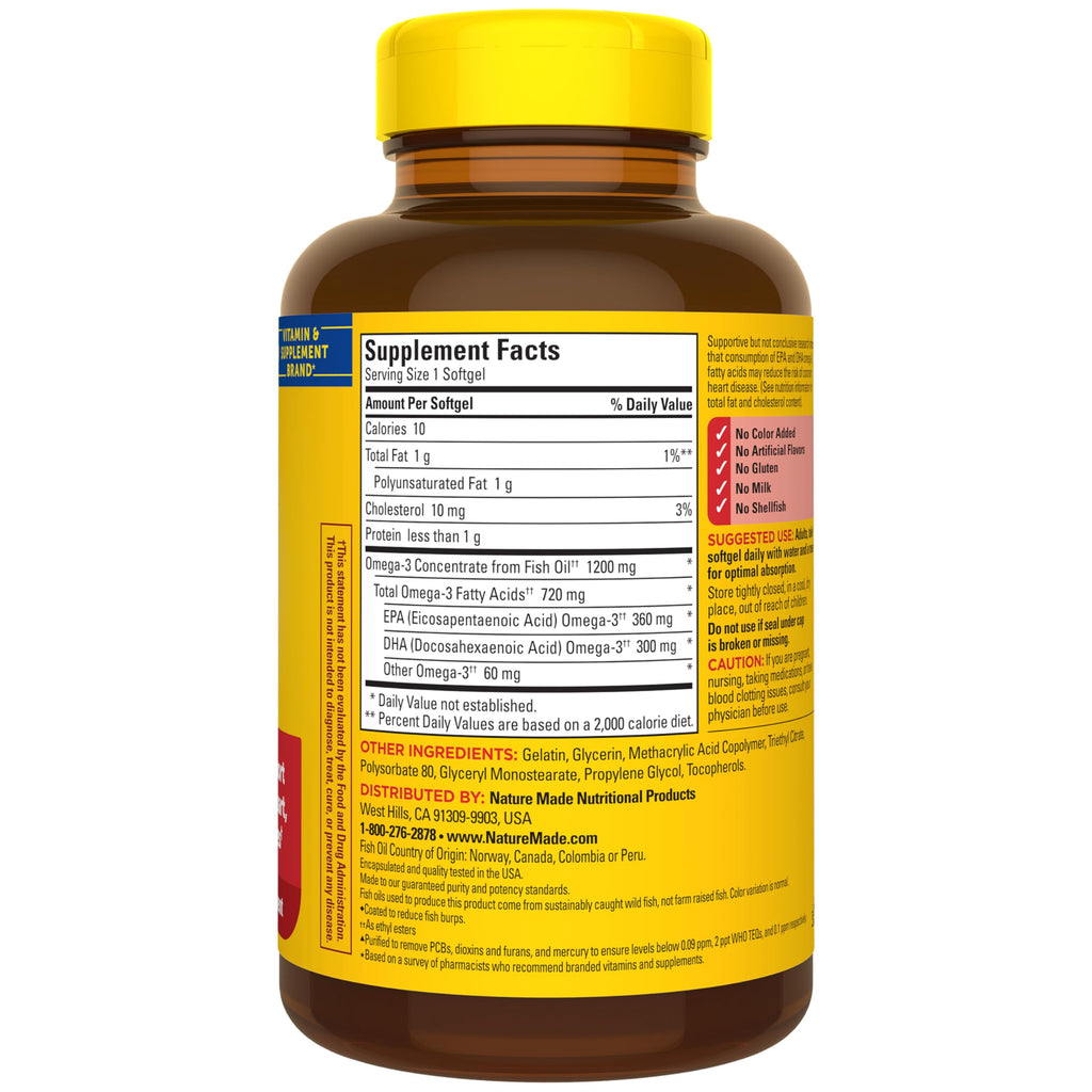 Nature Made Fish Oil Omega 3 Supplements, 1200 mg Softgels, Omega 3 Fish Oil for Healthy Heart Support, 230 Softgels, 115 Day Supply