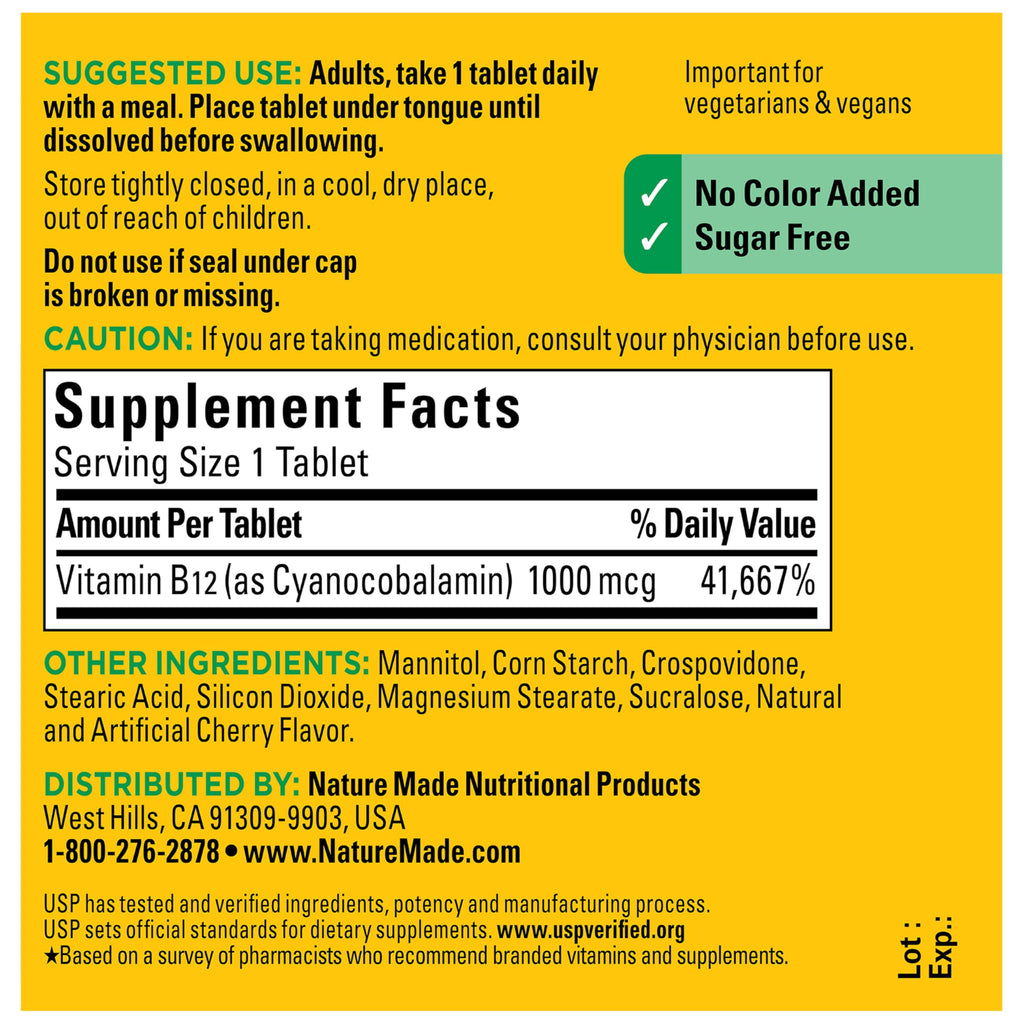 Nature Made Vitamin B12 1000 mcg, Easy to Take Vitamin B12 Sublingual Tablets for Energy Metabolism Support, 50 Sugar Free Fast Dissolve Tablets, 50 Day Supply