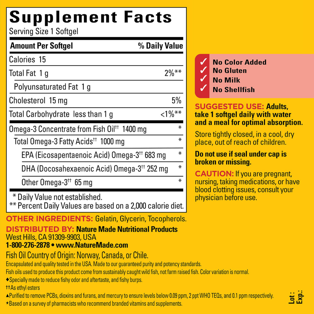 Nature Made Fish Oil Omega 3 Supplements, 1200 mg Softgels, Omega 3 Fish Oil for Healthy Heart Support, 230 Softgels, 115 Day Supply