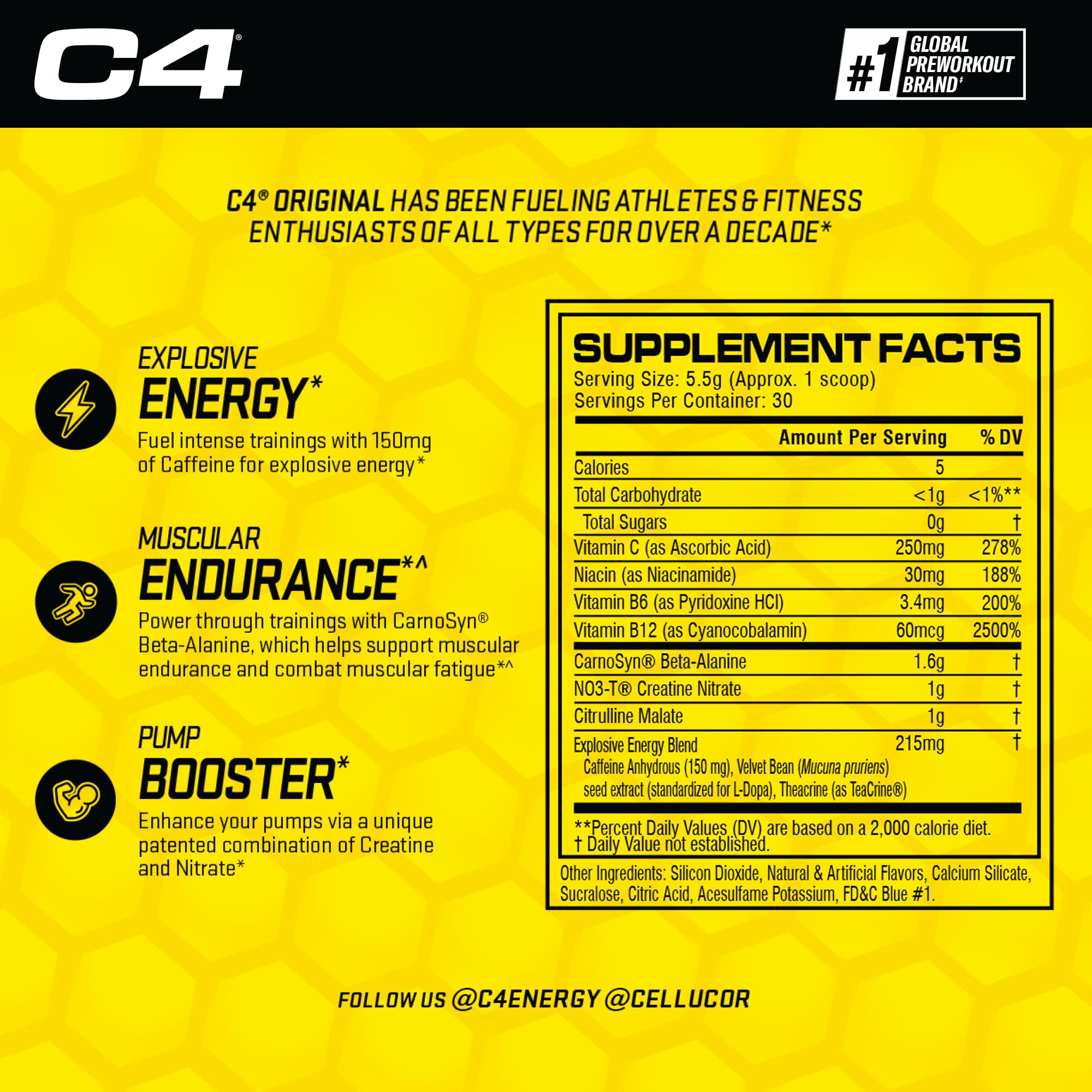 Cellucor C4 Original Pre Workout Powder Cherry Limeade | Vitamin C for Immune Support | Sugar Free Preworkout Energy for Men & Women | 150mg Caffeine + Beta Alanine + Creatine | 30 Servings